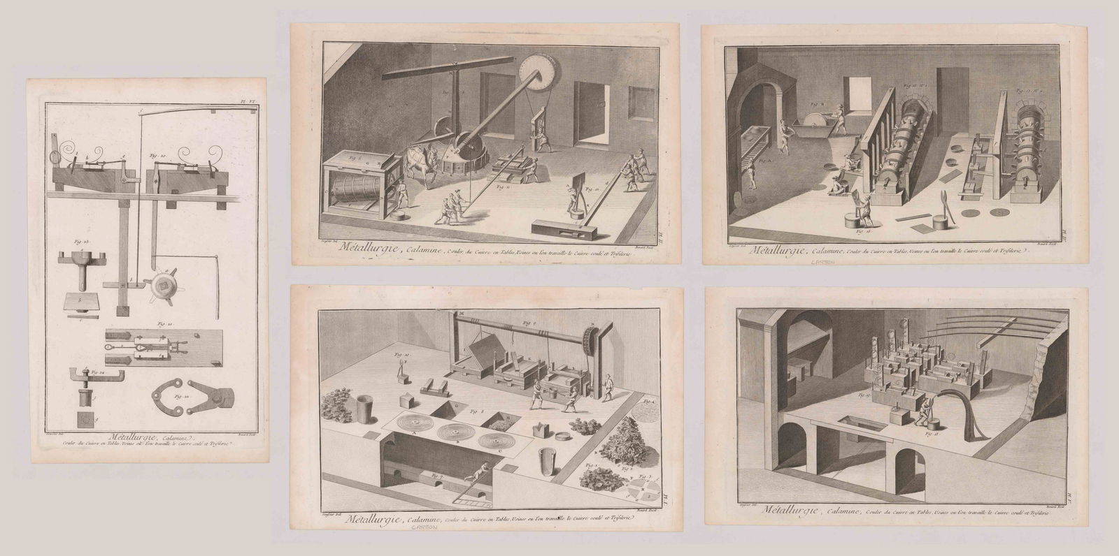 Histoire Naturelle Metallurgie Prints [Metallurgy]: Five plates plus one text page with plate title/definitions from ''Recueil de Planches, sur les Sciences, les Arts Liberaux, et les Arts Mechaniques avec leur Explication' by Denis Diderot, circa 1750