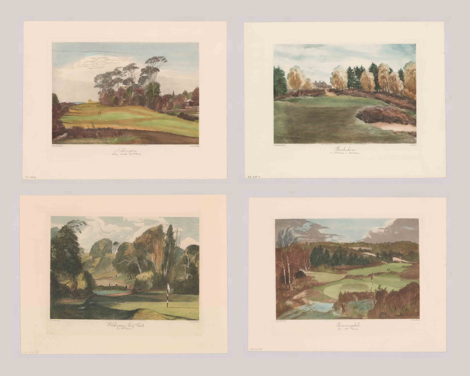 Bromley-Davenport/Greenwood Etchings [Golf]: Four prints after Isabella Bromley-Davenport (d. 1957) and after Ernest Greenwood. All are hand colored restrike etchings from 1954, published by Fore's London and USA. Group includes 1) Ernest Greenw