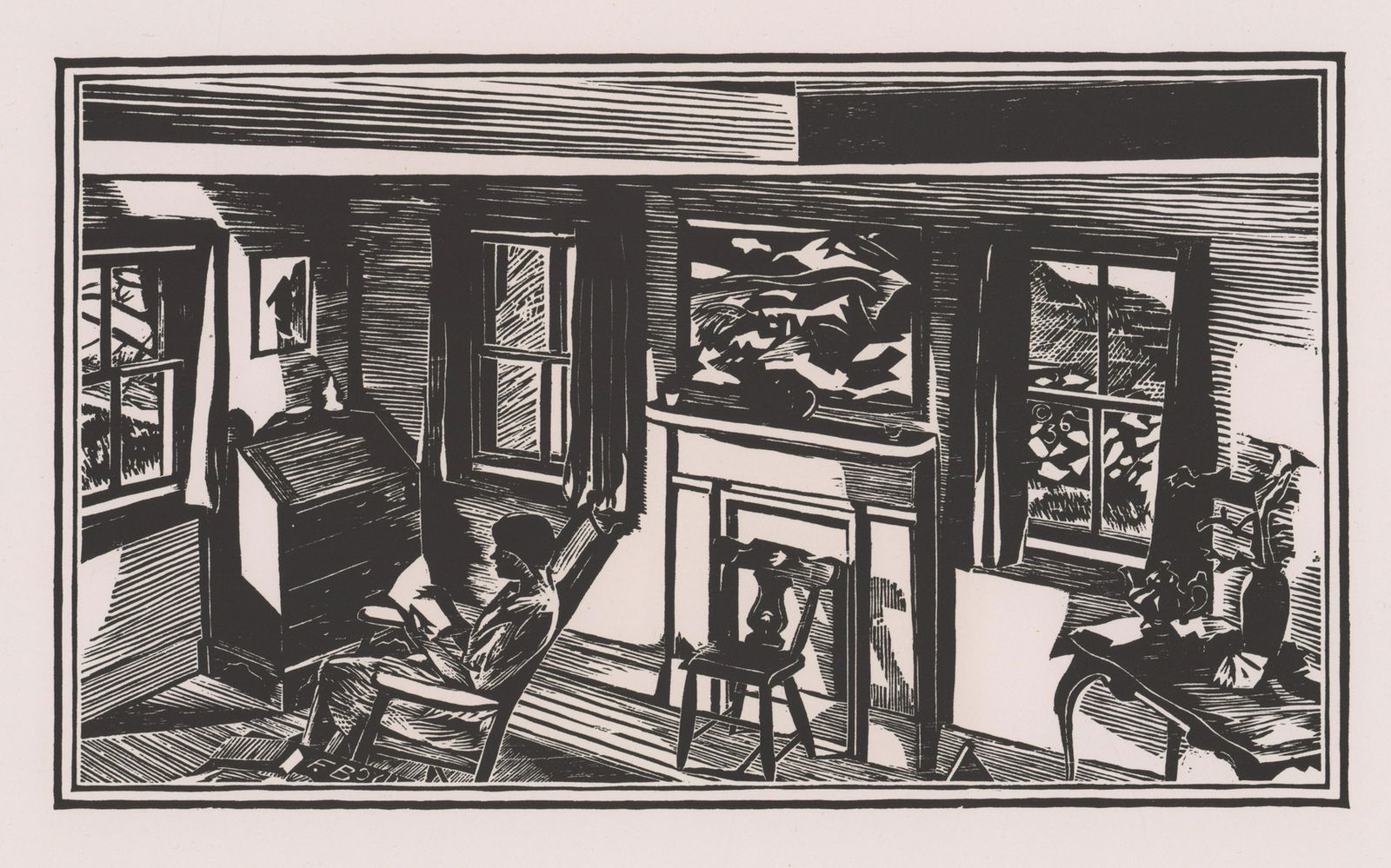 Fiske Boyd Woodcut [AAA, Interior Scene]: Rudolph Ruzicka (American 1883 - 1978) woodcut. Portion of artist's name 'F. Boyd' appears in plate lower left. Stamped by AAA with title, artist's name and date on verso of print. Title 'Interior' in