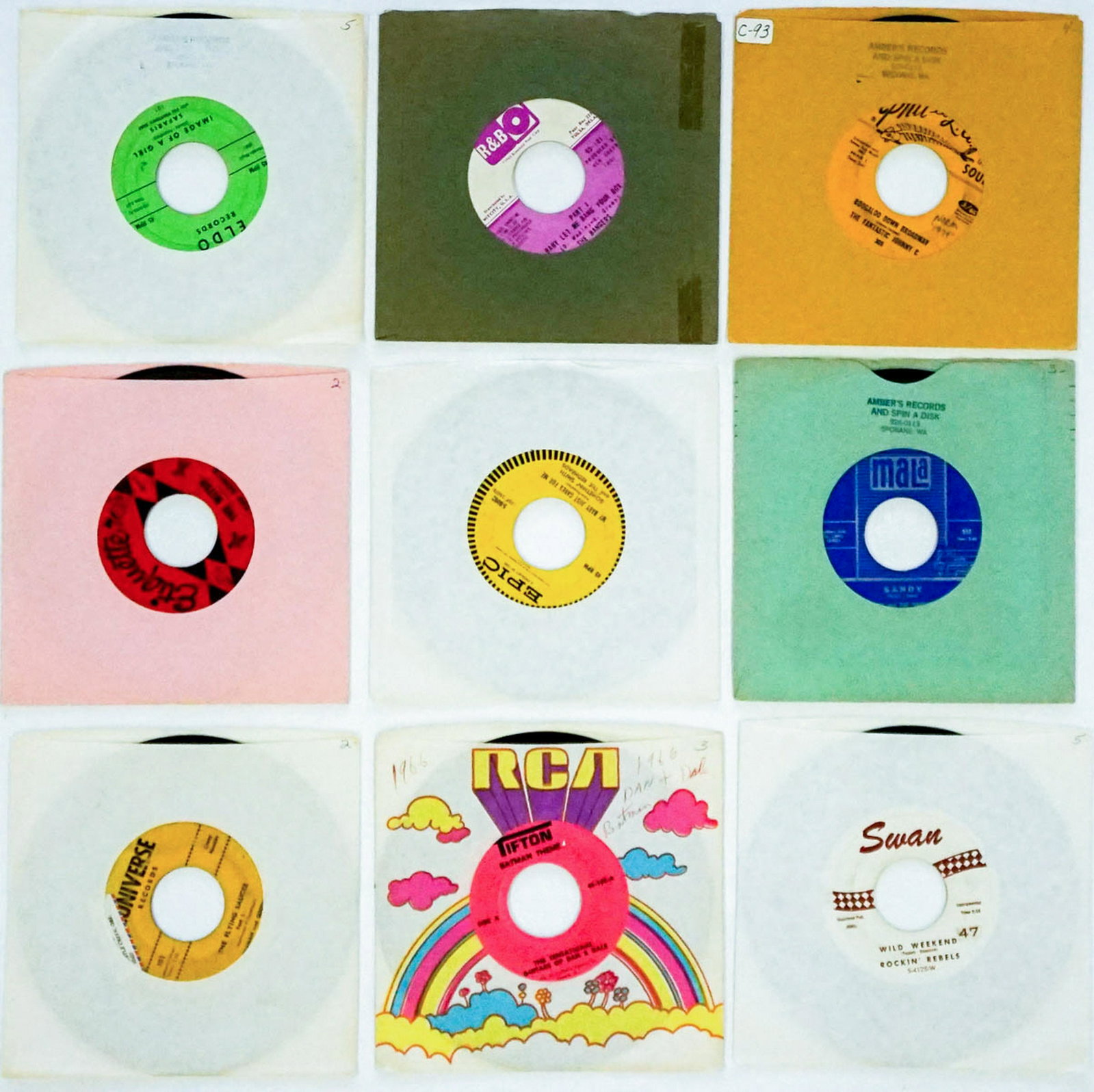 Various Artists (9) 45 RPM Records: Various Artists group of nine 45 RPM records. Includes: 1) Safaris; Eldo 101 'Image Of A Girl' 2) The Sonics; Etiquette ET-11 'The Witch' 3) The Fantastic Johnny C; Phil - L.A. 305 'Boogaloo Down Broa