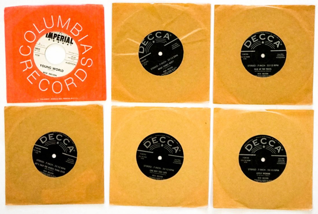 Rick Nelson (6) 45: Rick Nelson group of six 45's and 33 1/3's (Juke Box) Includes: 1) Imperial 5805 45 RPM 'Young World' 2) Decca 7-34197 33 1/3 (Juke Box) 'I Will Follow You' 3) Decca 7-34195 33 1/3 (Juke Box) 'Everyti
