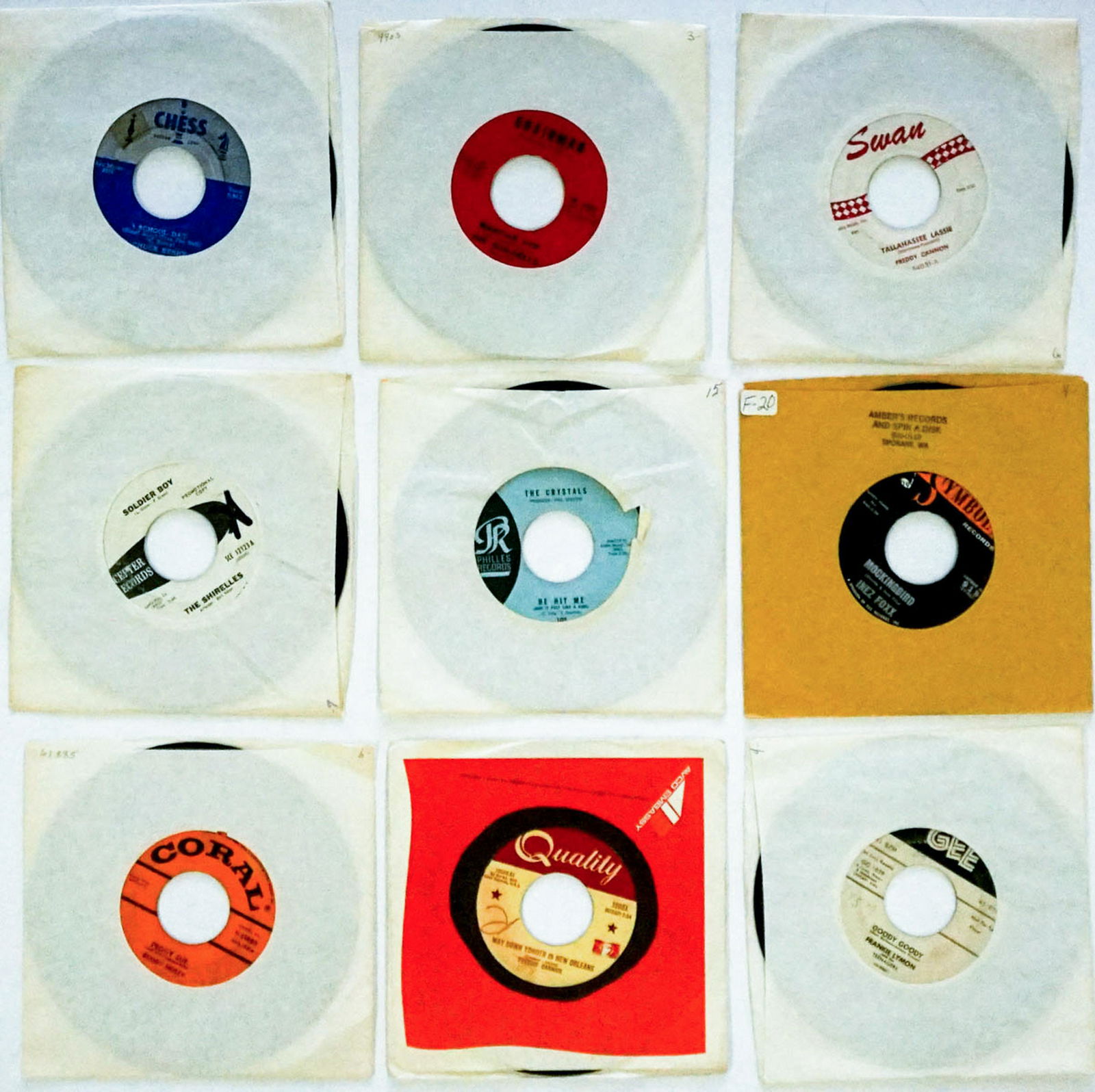 Various Artists (9) 45 RPM Records: Various Artists; Group of nine 45 RPM Records. Includes: 1) Buddy Holly; Coral 6188 'Peggy Sue' 2) The Shirelles; Scepter 12123 'Soldier Boy' 3) Chuck Berry; Chess 1653 'School Days' 4) The Crystals;