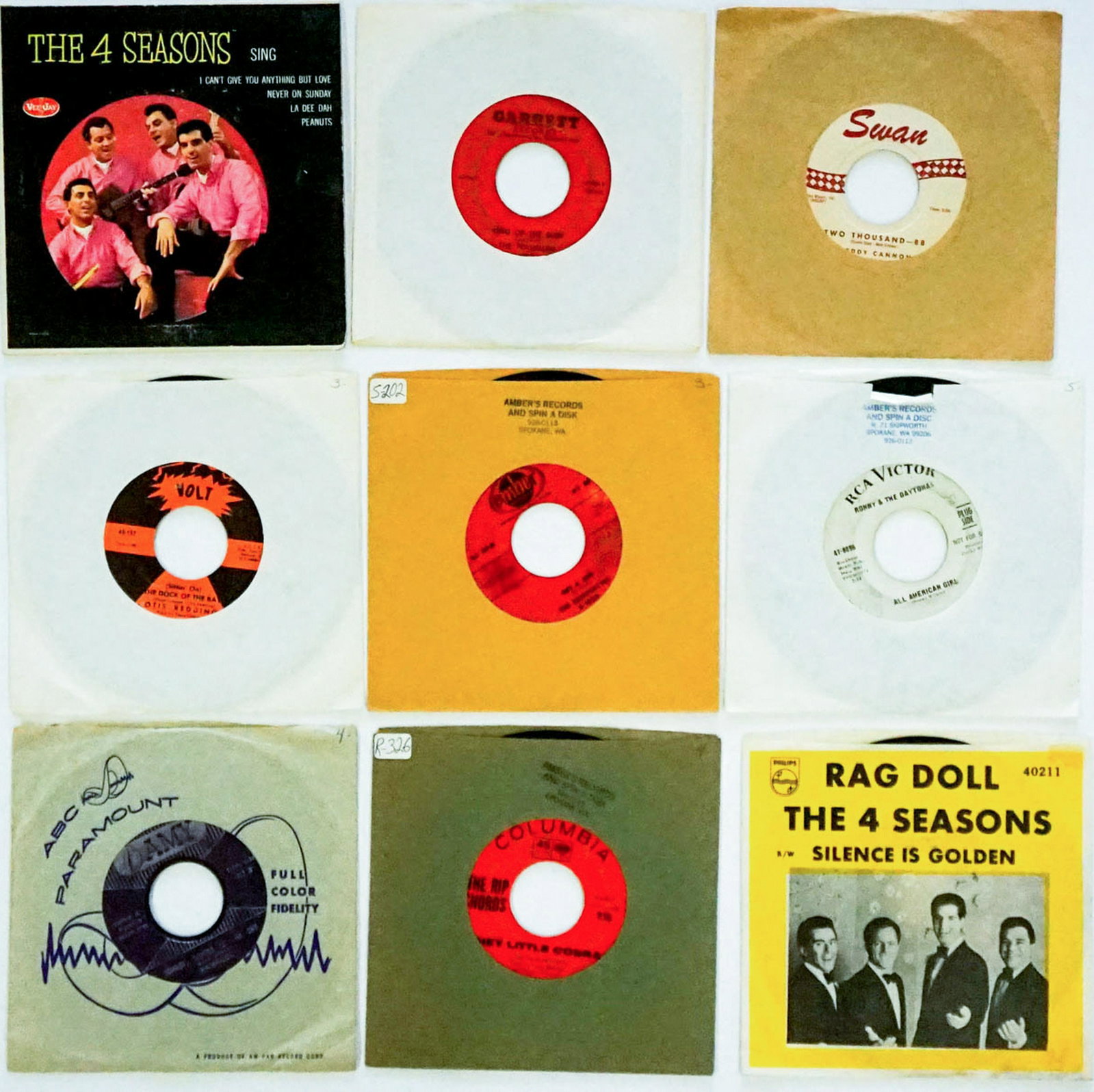 Various Artists (9) 45 RPM Records: Various Artists; Group of nine 45 RPM records. Includes: 1) The 4 Seasons; Vee Jay 901 'Never On Sunday' 2) The 4 Seasons; Philips 40211 'Rag Doll' 3) The Rip Chords; Columbia 42921'Hey Little Cobra' 