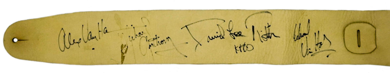 Van Halen Band Signed Belt Beckett BAS LOA: Van Halen band signed leather belt. Signed by all four original members David Lee Roth, Eddie Van Halen, Alex Van Halen and Michael Anthony. Measures 3.5 in. x 34 in. Includes Beckett Authentication S