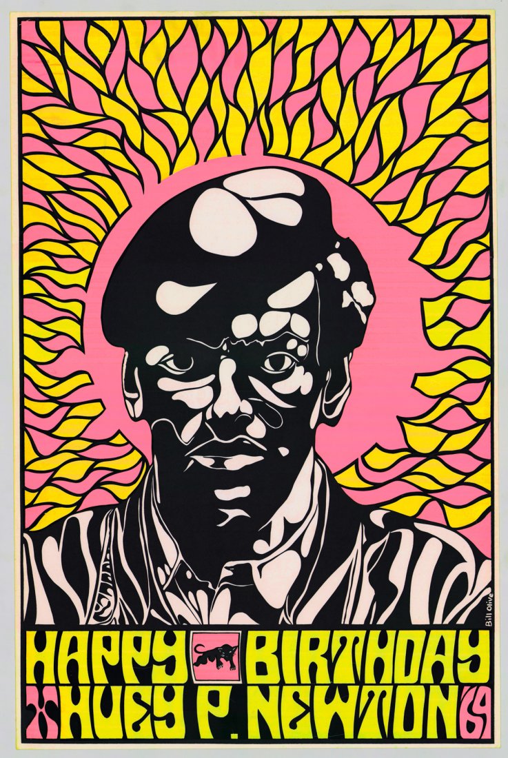 [Huey Newton] Bill Olive Color Screenprint: Bill Olive (20th Century) color screenprint poster to mark the 1969 birthday of Black Panthers leader Huey P. Newton. Fabulous colors and design with enormous impact! Bill Olive signature in the poste