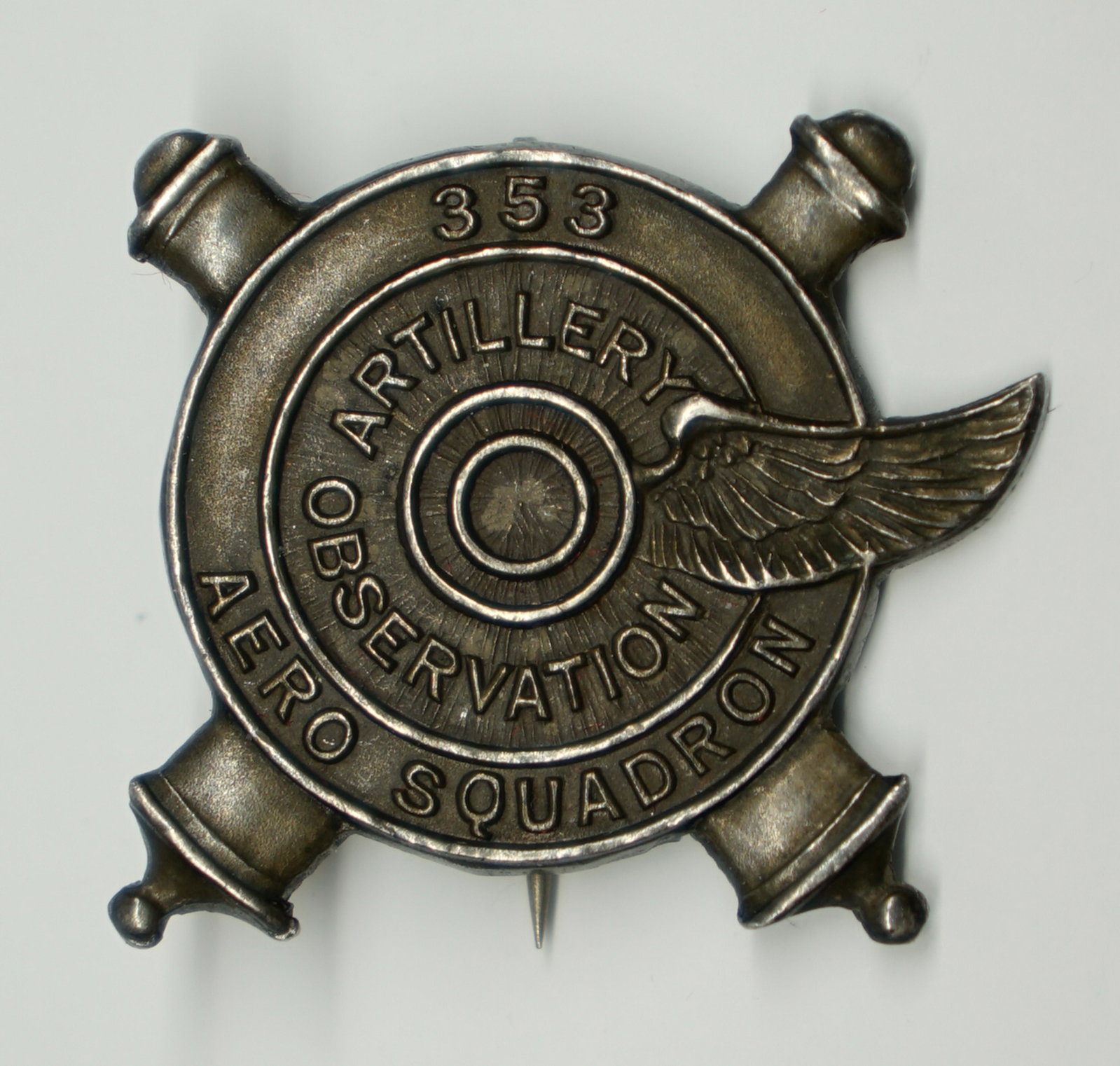 353rd Aero Squadron Pin: Aero Squadron 353rd Observation Artillery pin. Measures 1.25. Engraved for Darwin Utter on verso. VG-EX/EX. If lot is absent of a condition report a condition report may be requested via email. Condit