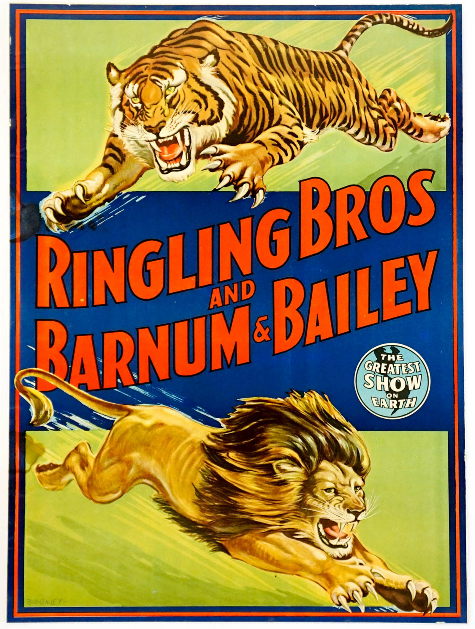 Old Ringling Bros. and Barnum and Bailey Poster: An old Ringling Bros. and Barnum and Bailey Circus poster. Measures 25.75 in. x 19.25 in. This poster is mounted to thin artists board and has a couple of small stains along left edges. Unframed. If l