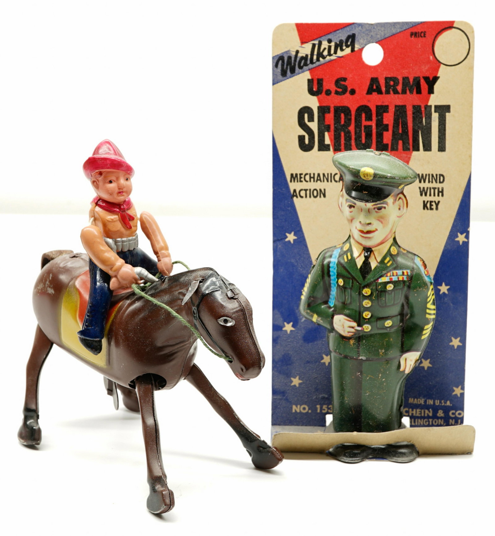 Two Vintage Tin Windup Toys: Two vintage tin windup toys. Includes an Occupied Japan tin horse with celluloid cowboy (MIB) and a Walking U.S. Sergeant with surface scratches. If lot is absent of a condition report a condition rep