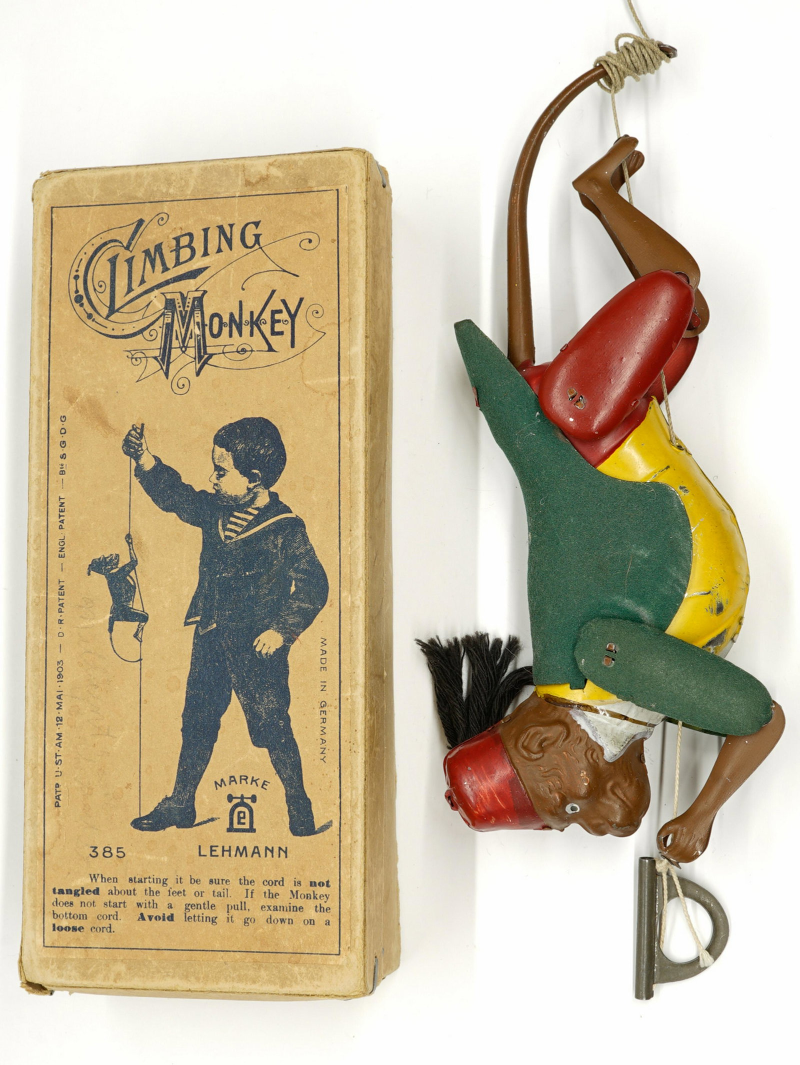 Lehmann Climbing Monkey with Original Box: Lehmann Climbing Monkey 385 with original box. Appears to have been played with a few times only. If lot is absent of a condition report a condition report may be requested via email. Condition report