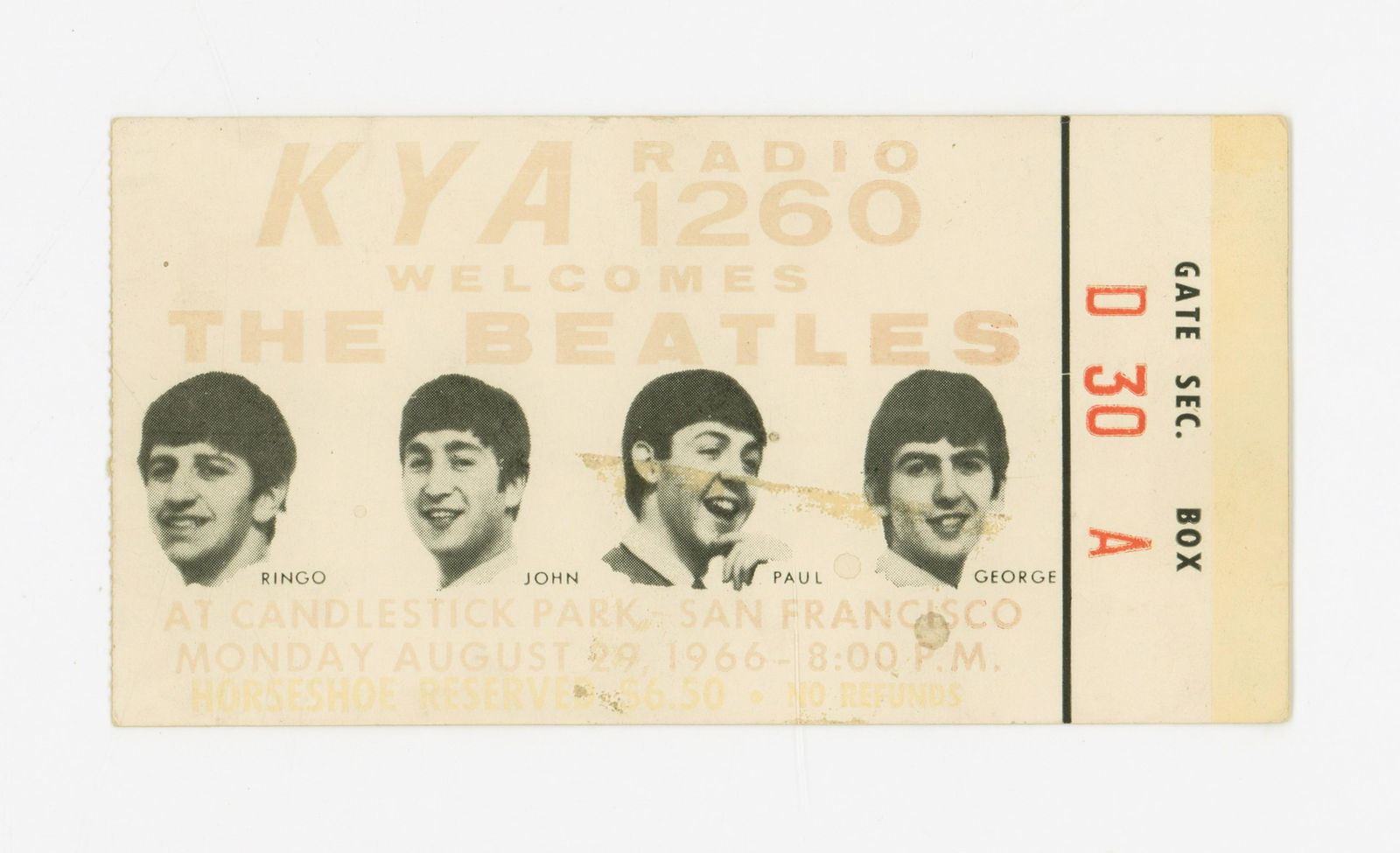 The Beatles Ticket Stub Candlestick Park 1966: The Beatles ticket stub from August 29, 1966 concert at Candlestick Park. This ticket stub is faded and has a horizontal stain center right. Measures 2.5 in. x 4.8125. Provenance: Private Collection M