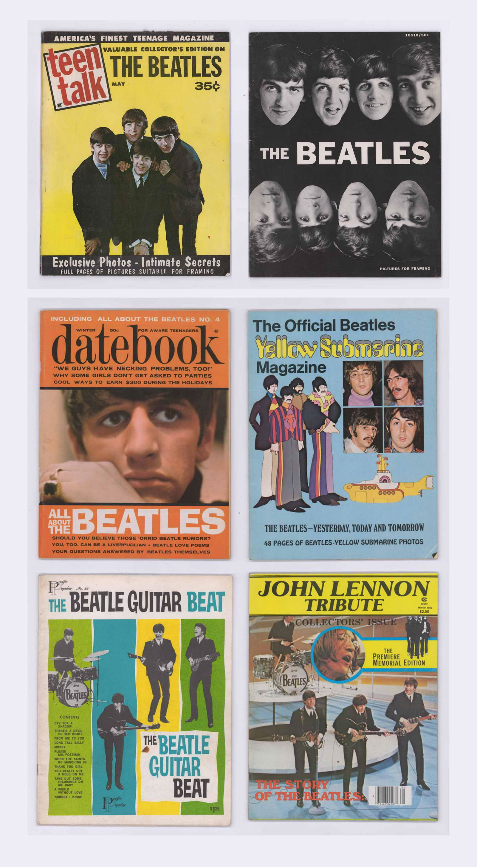 The Beatles Fan Magazines (6): The Beatles featured in various fan Magazines; group of six. Includes: 1) John Lennon Tribute; Winter 1980 2) The Beatles, published by Hitchinson and Co. 1964 3) Datebook; Winter 1965 ... and more. P