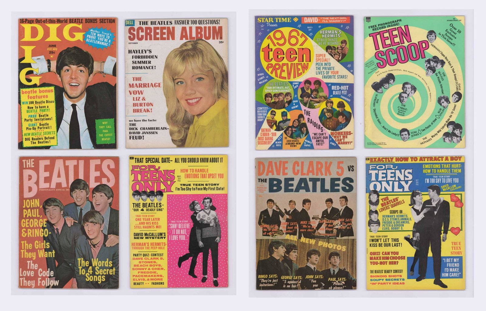 The Beatles Teen Magazines (8): The Beatles featured in Teen Magazines; group of eight. Includes: 1) Teen Scoop; December - January 1967 2) Screen Album No. 108 1964 3) Popular Annual September 1964 ... and more. Private Estate Miss
