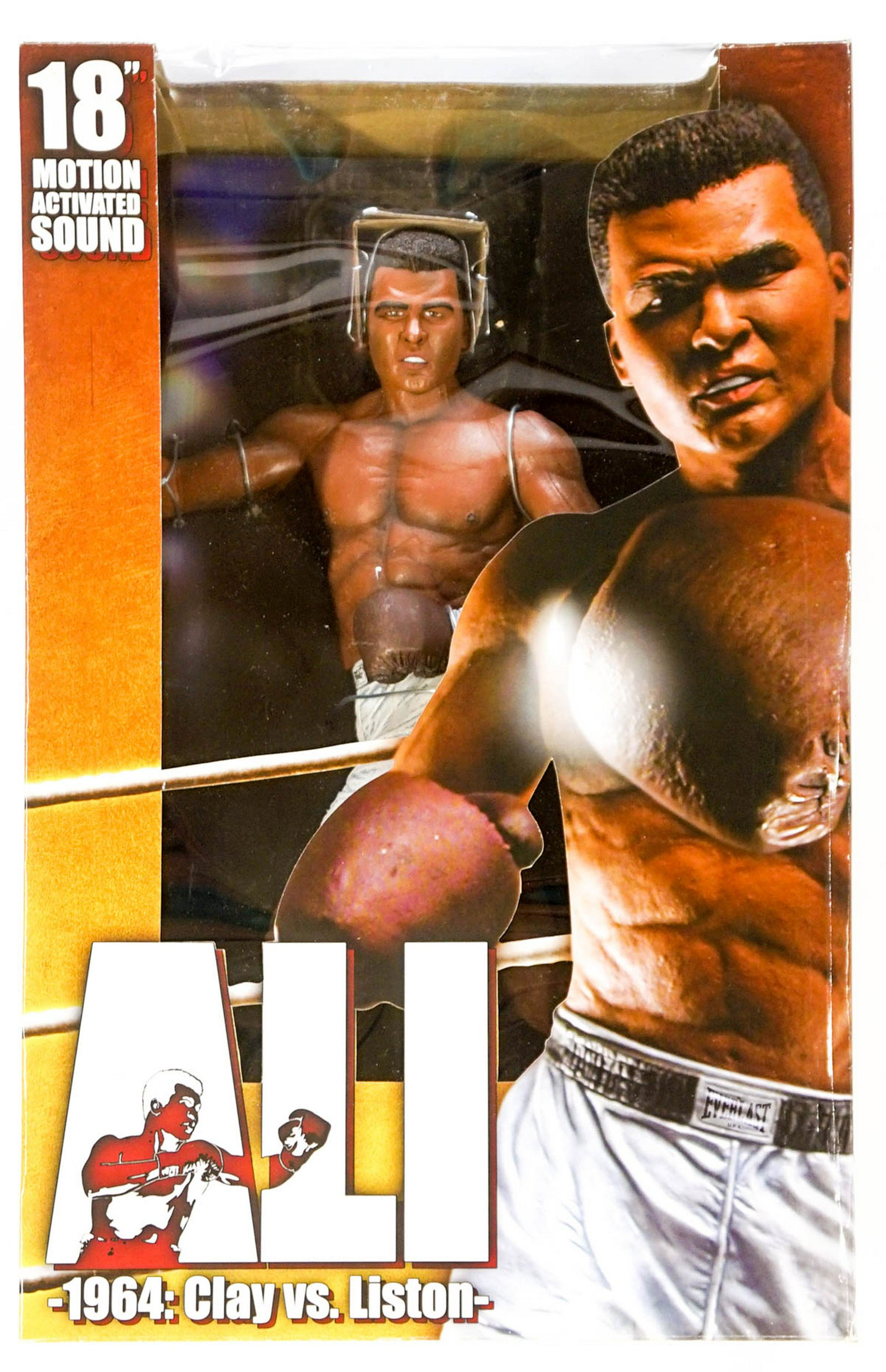 Muhammad Ali 18 Inch Motion Activated Figure: Muhammad Ali 18 in. motion activated sound figure in box. Never removed from box, appears to be mint in box. Provenance: Private Collection Missoula, Montana. If lot is absent of a condition report a 