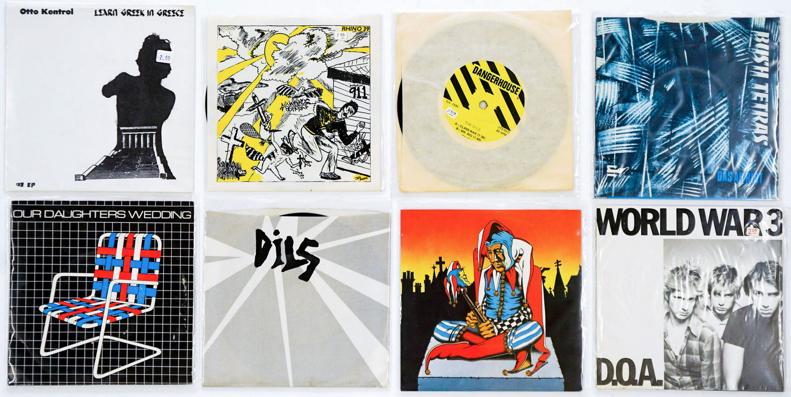 Punk and Post Punk (8) 45's: Group of eight Punk and Post-Punk 45 RPM records. Includes: 1) D.O.A.; World War 3 2) Bush Tetras; Things That Go Boom In The Night 3) Killing Joke Empire Song 4) The Dils; I Hate The Rich 5) Our Daug
