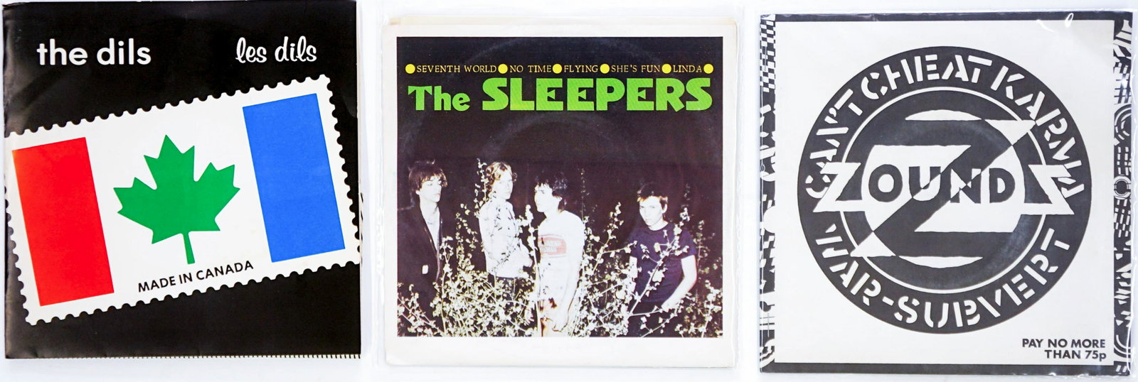Punk (3) 45's The Dils, The Sleepers: Group of three Punk 45's. Includes: 1) The Dils; Sound of the Rain 2) The Sleepers; Seventh World 3) Zounds Two vinyl grade in EX+/NM to Near Mint condition. Sleeves VG-EX/EX or better. If lot is abse
