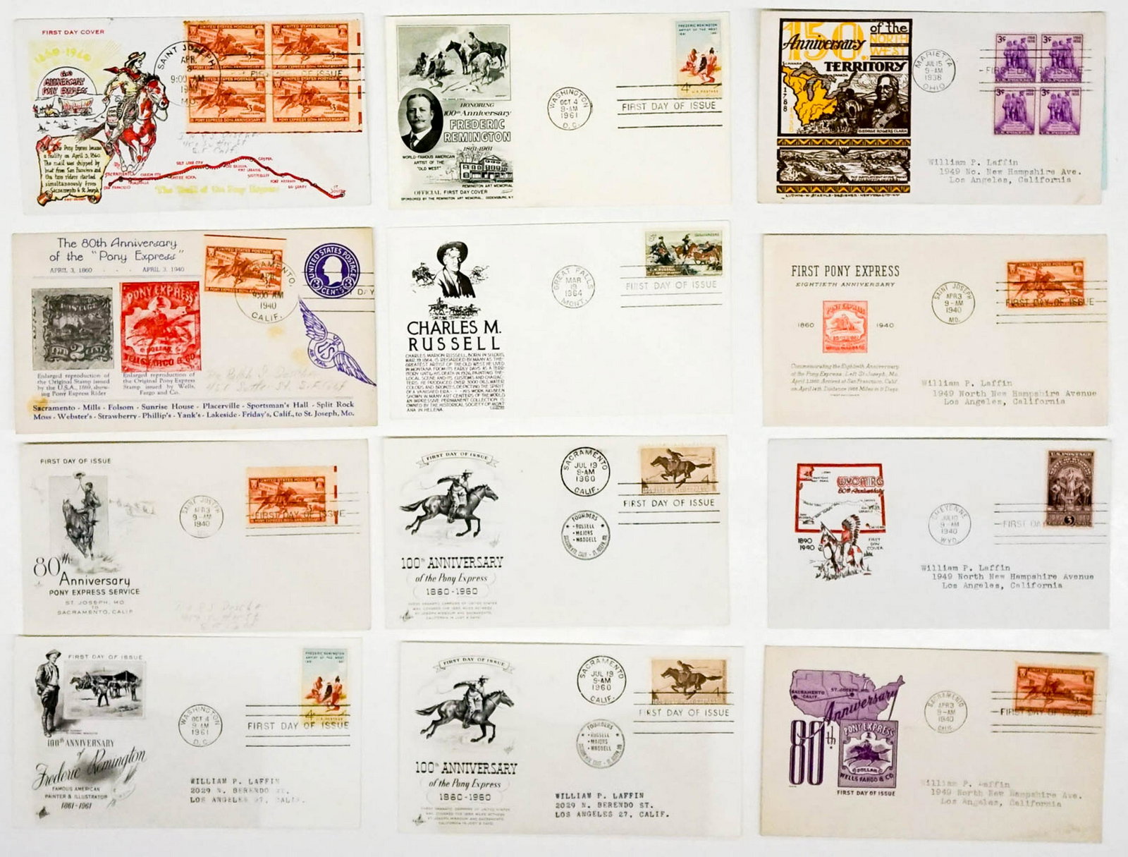 Pony Express and Western Art First Day Covers (12): Twelve 1938-1964 Pony Express and Western artists First Day Covers, First Day of Issue, FDC. VG-EX/EX. If lot is absent of a condition report a condition report may be requested via email. Condition r