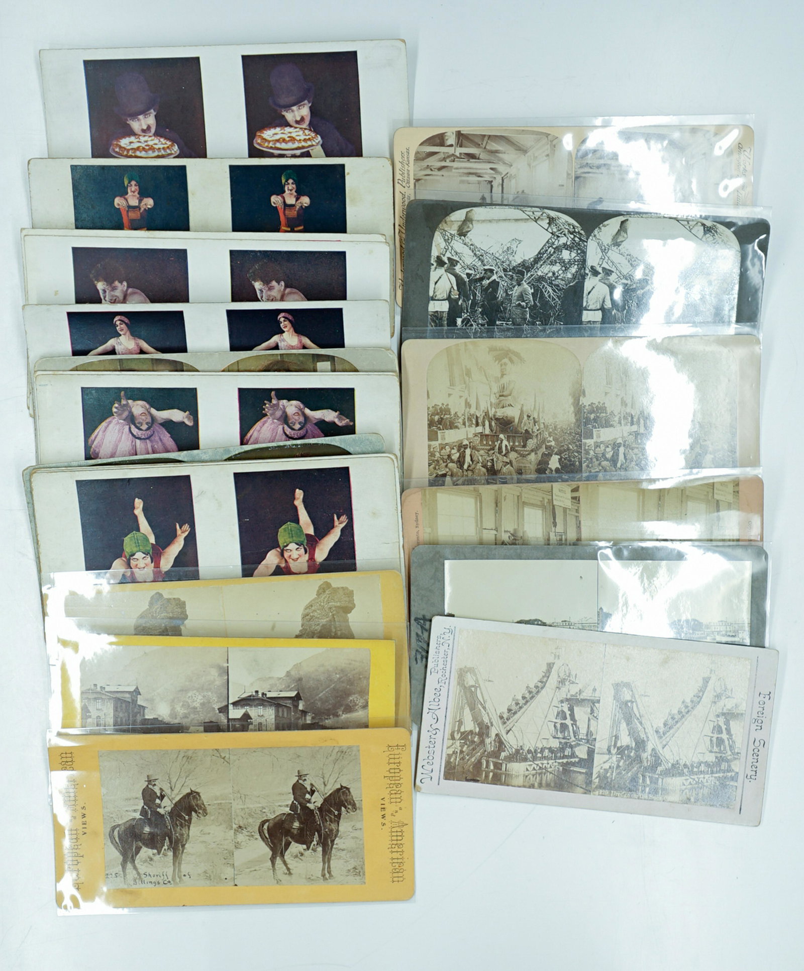 Antique Stereoviews [Entertainment] (22): Theater, entertainment, sports, dance and interesting subjects group of (22) antique stereoviews. Including Mardi Gras, occupations, Charlie Chaplin and more. Slightly curved and flat mounts. Provenan