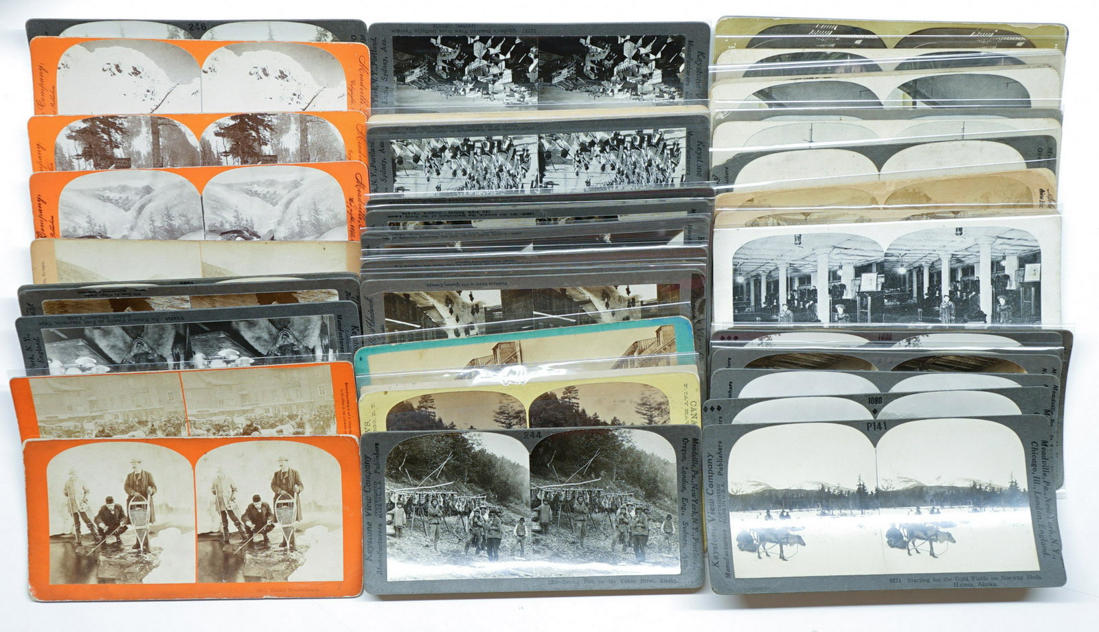Antique Stereoviews [Alaska, Canada] (65): Alaska and Canada group of 65 antique stereoviews. Includes flat mounts and both slightly curved and curved mounts. Provenance: Texas collection. If lot is absent of a condition report a condition rep
