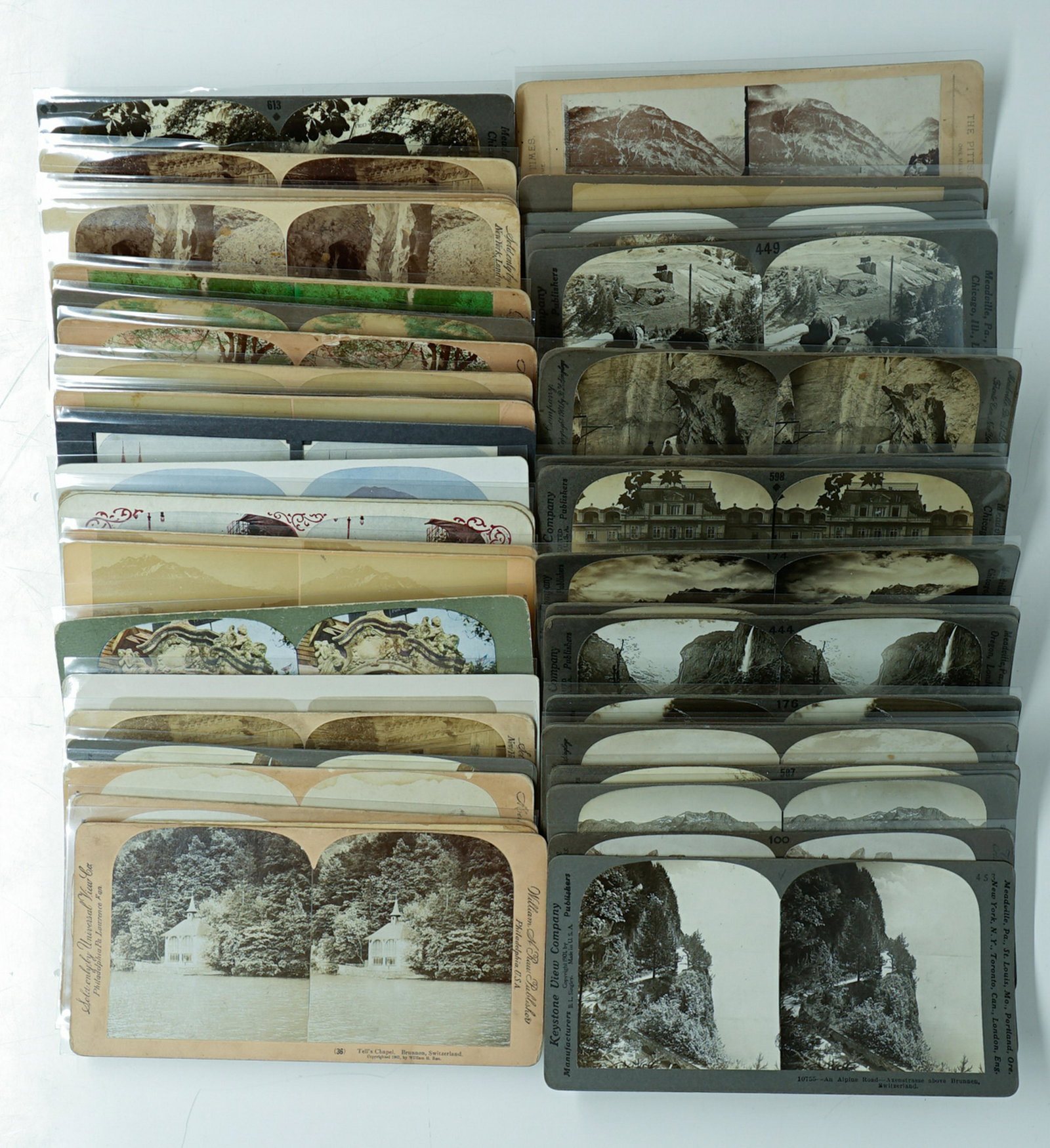Antique Stereoviews [Switzerland] (47): Alpine Roads, Views of Bern and more. Group of (47) antique stereoviews. Curved, Slightly Curved and Flat mounts. Provenance: Texas collection. If lot is absent of a condition report a condition repor