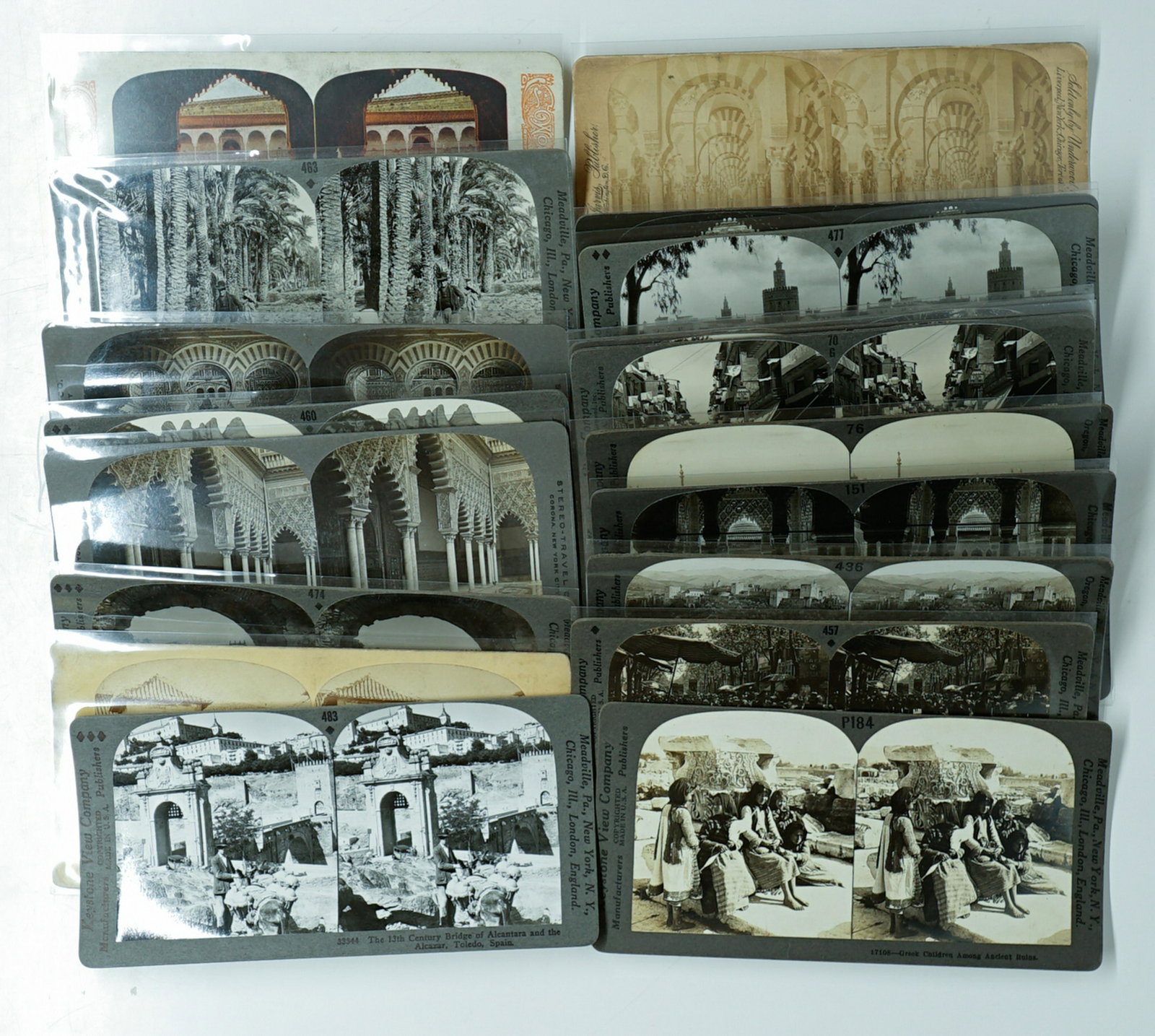 Antique Stereoviews [Spain] (18): Market Places, Courts and People in Spain. Group of (18) Antique Stereoviews. Curved and Slightly curved mounts. Provenance: Texas collection. If lot is absent of a condition report a condition report