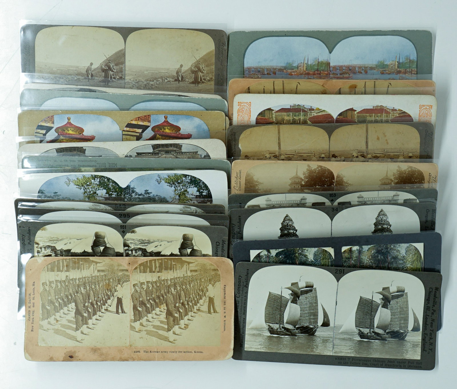 Antique Stereoviews [East Asia] (21): Hong Kong, Peking China and Korea. Group of (21) Antique Stereoviews. Curved, Slightly curved mounts. Provenance: Texas collection. If lot is absent of a condition report a condition report may be req