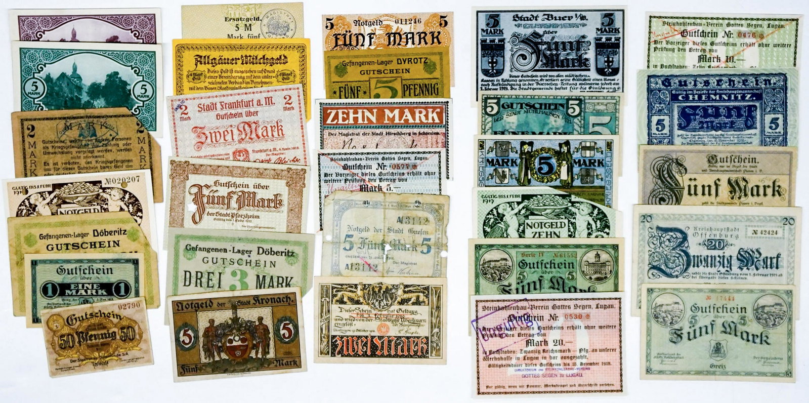 Notgeld and Currency from Germany (30): A group of thirty notgeld and/or currency from Germany. They measure from 2.5 in. x 3.75 in to 3.375 in. x 4.875 in. Condition varies. Provenance: Amity Art Foundation, Inc. If lot is absent of a cond