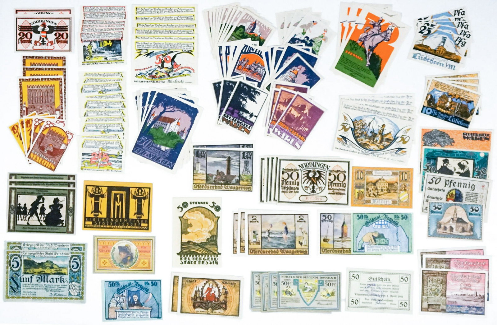 [Germany, Notgeld] Grou of (132) Pcs: A group of 134 notgeld and/or currency from Germany. They measure from 2.375 in. x 3.625 in to 4.375 in. x 3 in. Condition varies. Provenance: Amity Art Foundation, Inc. If lot is absent of a conditio
