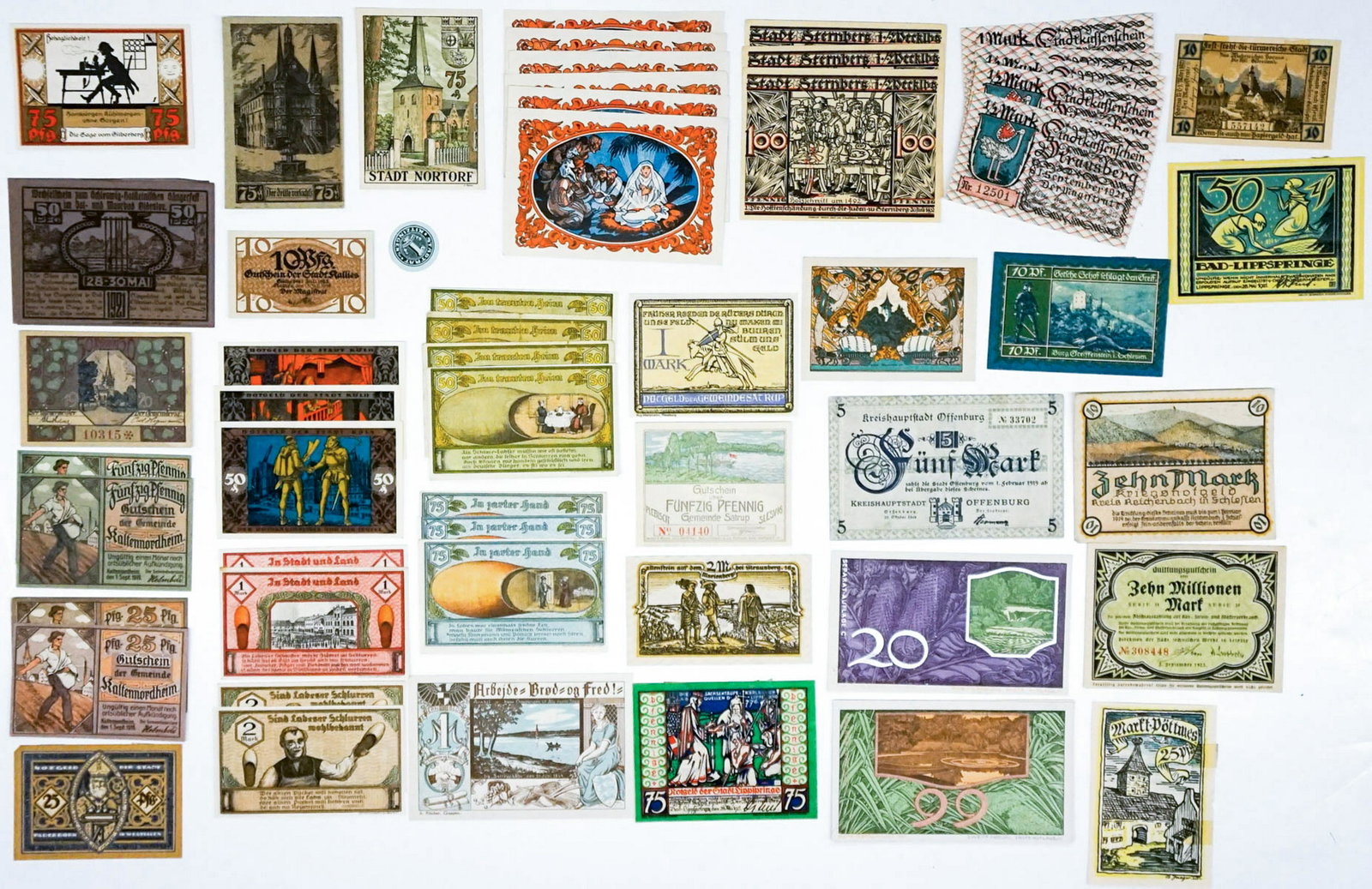 [Germany, Notgeld] Group of (80) Pcs: A group of 80 notgeld and/or currency from Germany. They measure from 2.5 in. x 3.5 in to 3.25 in. x 4 in. Condition varies. Provenance: Amity Art Foundation, Inc. If lot is absent of a condition repo