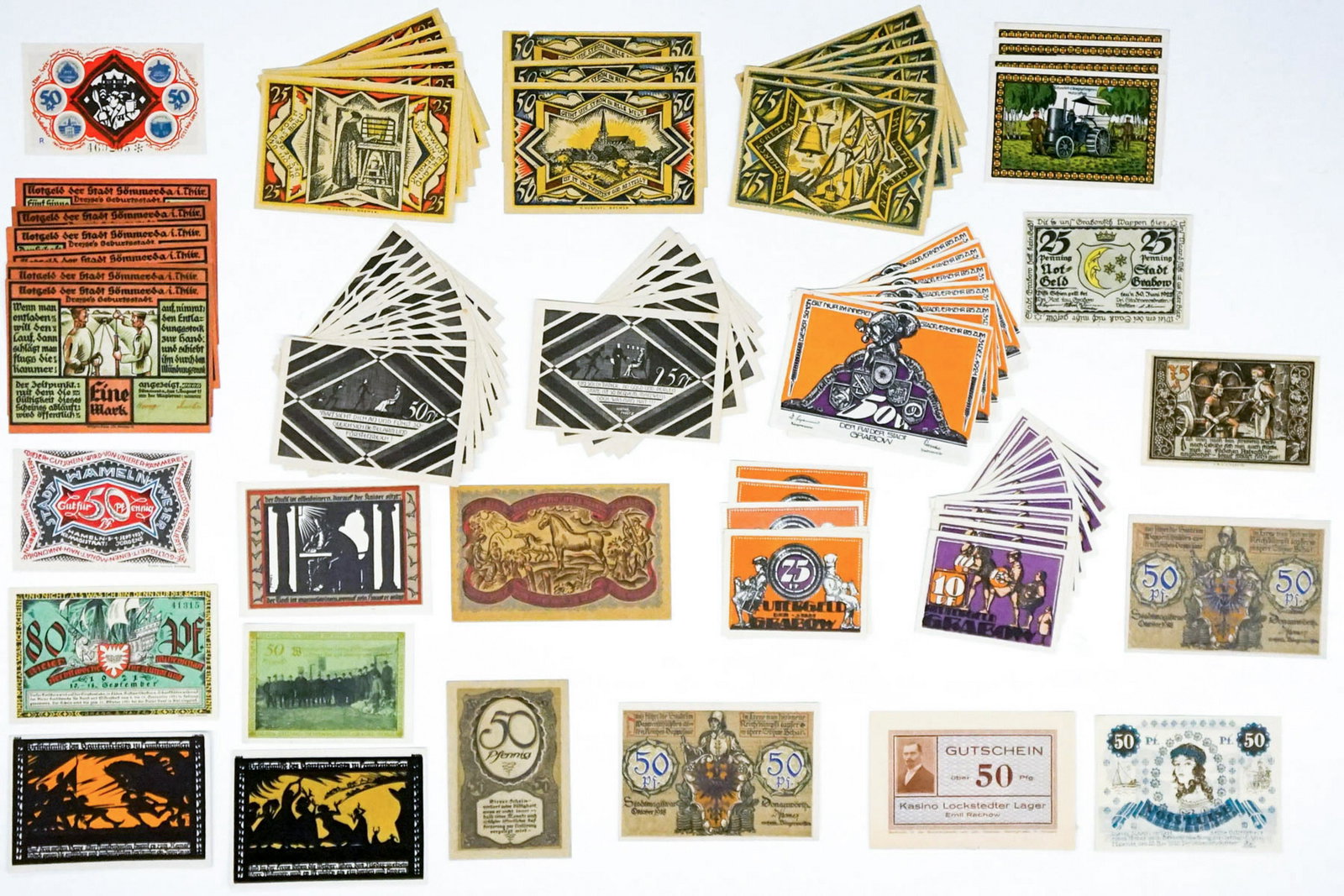 [Germany, Notgeld] Group of (82) Pcs: A group of 82 notgeld and/or currency from Germany. They measure from 2.25 in. x 3.5 in to 2.75in. x 4 in. Condition varies. Provenance: Amity Art Foundation, Inc. If lot is absent of a condition repo