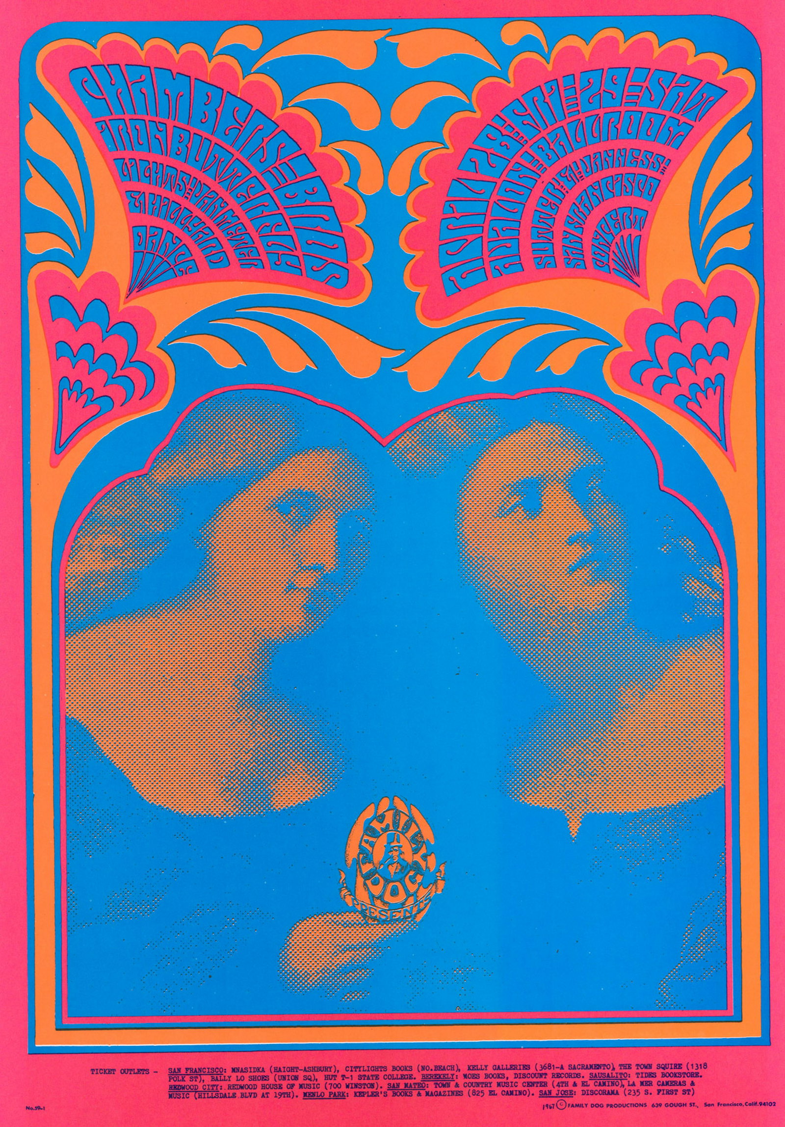 Family Dog Avalon Ballroom Poster FD-59-RP-2: 1967 Family Dog Avalon Ballroom 'Bobbsey Twins' poster FD-59-RP-2. Chambers Brothers, Iron Butterfly. Artist: Victor Moscoso. Measures 20 in. x 14 in. Near Mint condition. Unframed, loose and not glue