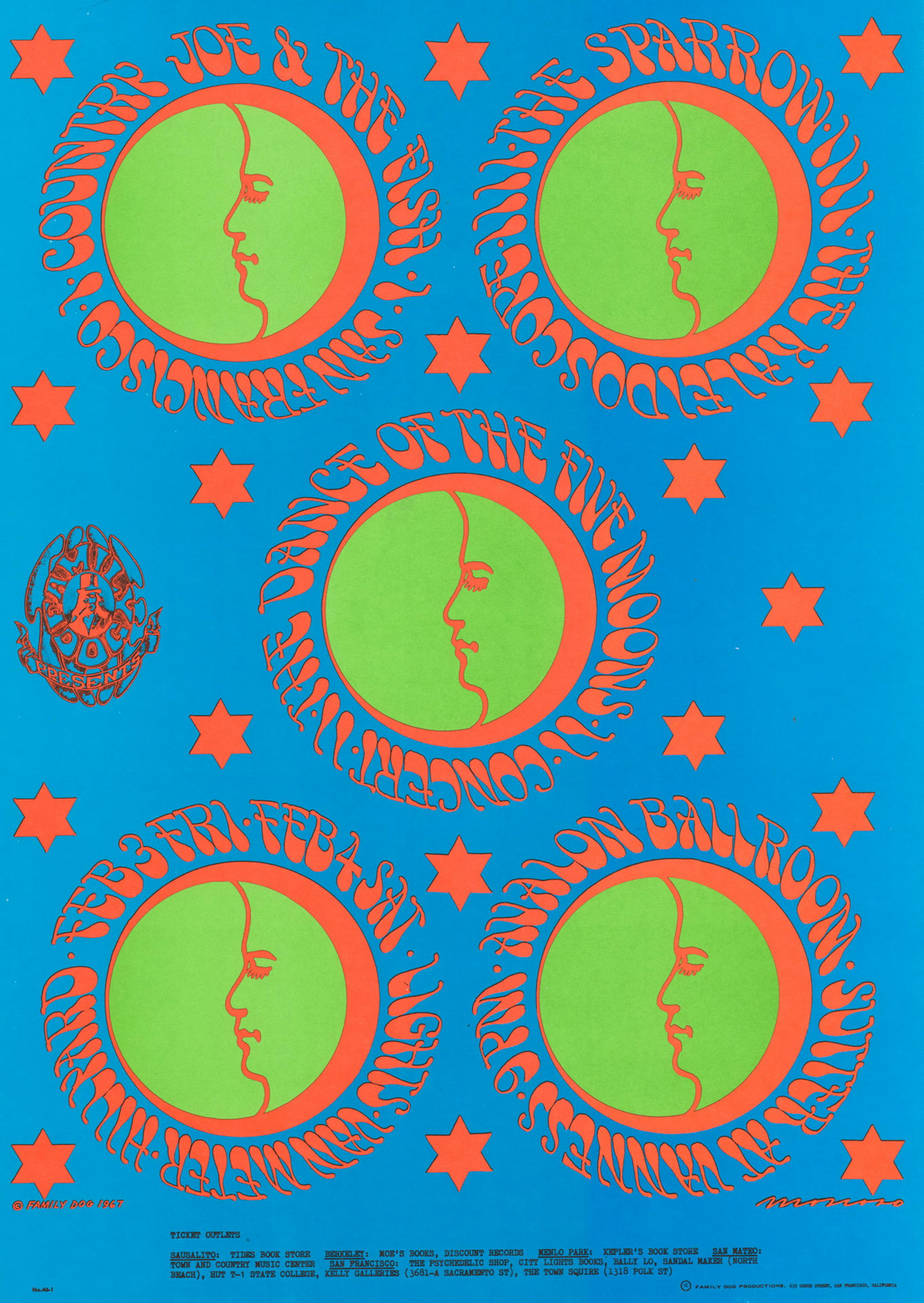 Family Dog Avalon Ballroom Poster: Family Dog Avalon Ballroom 'Five Moons Dance' poster marked FD-46-1 lower left. Country Joe and the Fish, Kaleidoscope. Artist: Victor Moscoso. Measures 20 in. x 14 in. Ex+/NrMt to Near Mint condition