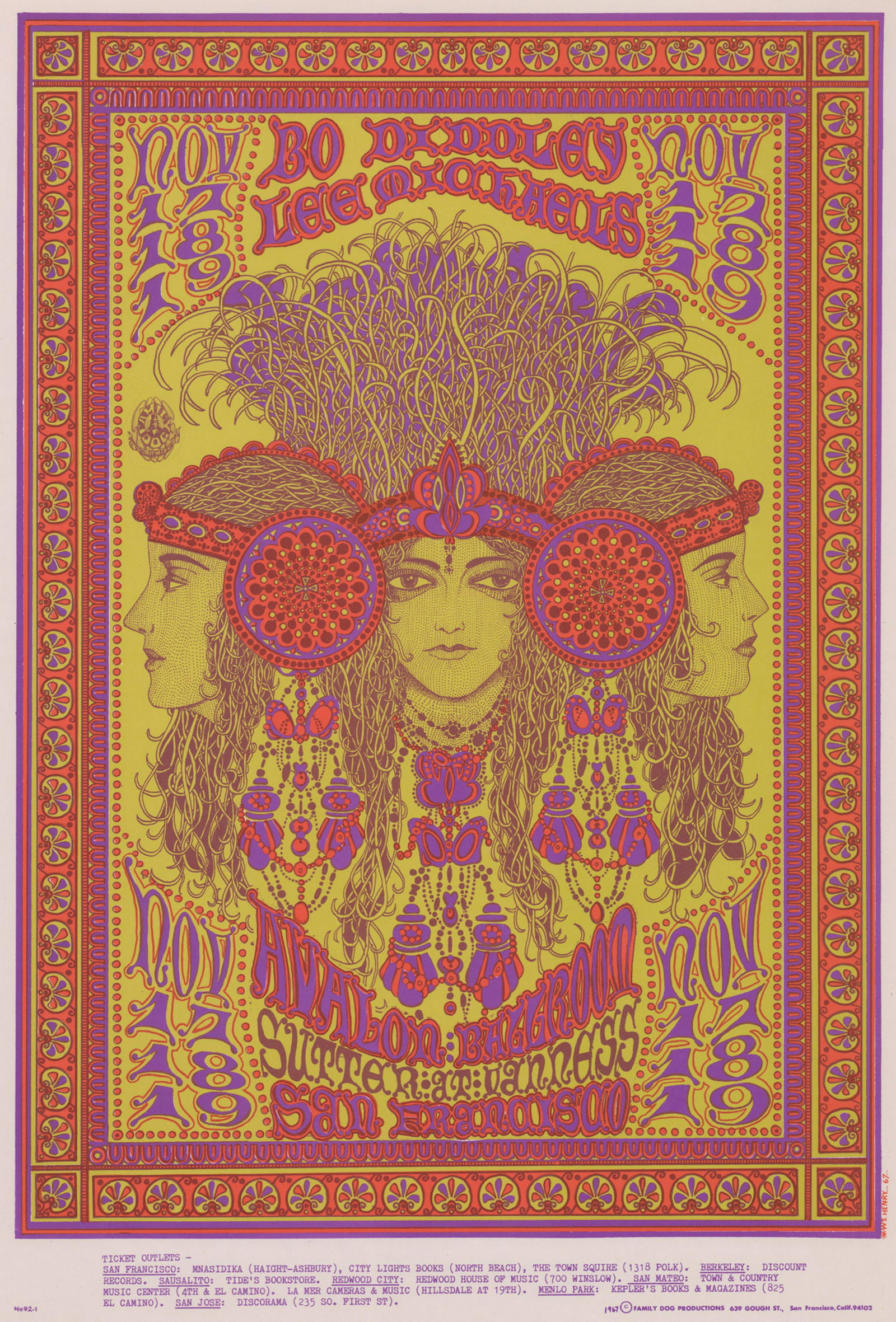 Family Dog Avalon Ballroom Poster FD-92-1: 1967 Family Dog Avalon Ballroom "Squiggly Trinity' poster FD-92-1. Bo Diddley and Lee Michaels. Artist: William Henry. Measures 20 in. x 14 in. EX/EX+ condition. Unframed, loose and not glued or mount