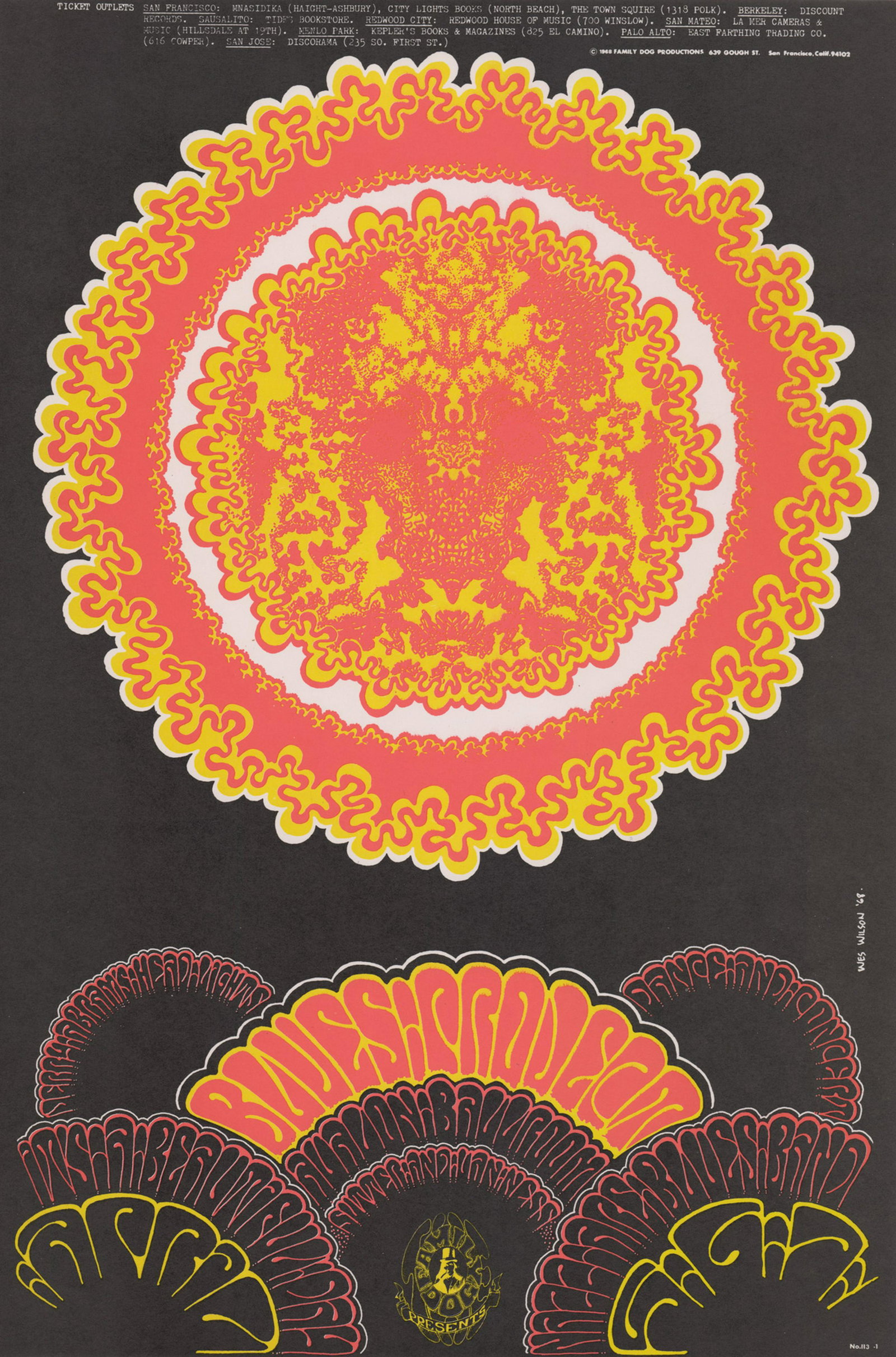 1968 Family Dog Avalon Ballroom Poster FD-113-1: 1968 Family Dog Avalon Ballroom 'Rorschach Test' poster FD-113-1. The Blues Project, It's a Beautiful Day. Artist: Wes Wilson. Measures 20.5 in. x 13.6875 in. EX+/NrMt condition. Unframed, loose and n