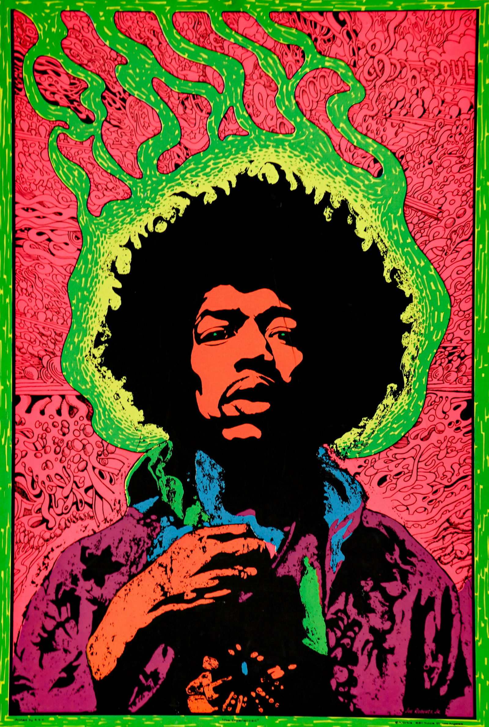 Jimi Hendrix Poster by Joe Roberts, Jr.: Jimi Hendrix poster by Joe Roberts, Jr. Measures 20.75 in. x 30.75 in. This poster has scratches and is mounted to foam core board. If lot is absent of a condition report a condition report may be req