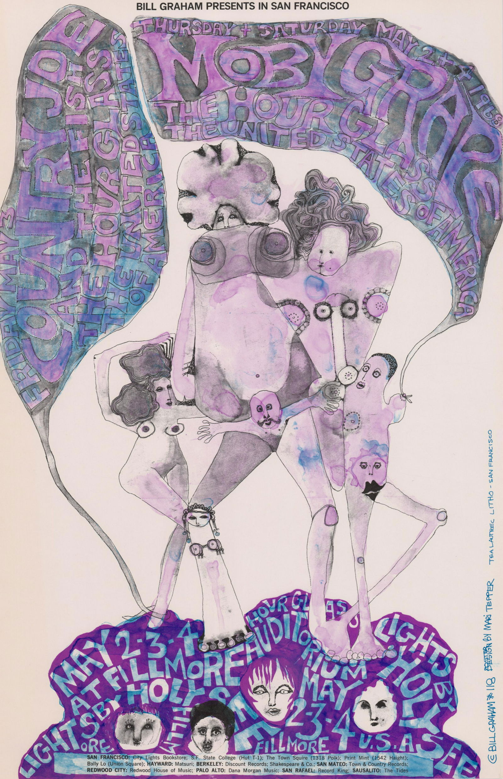 1968 Moby Grape Bill Graham Poster BG-118: 1968 Bill Graham Fillmore Auditorium Winterland poster BG-118. Moby Grape, Hour Glass. Artist: Mari Tepper. Measures 21 in. x 13.625 in. EX/EX+ condition with very slightly bumped lower right corner.