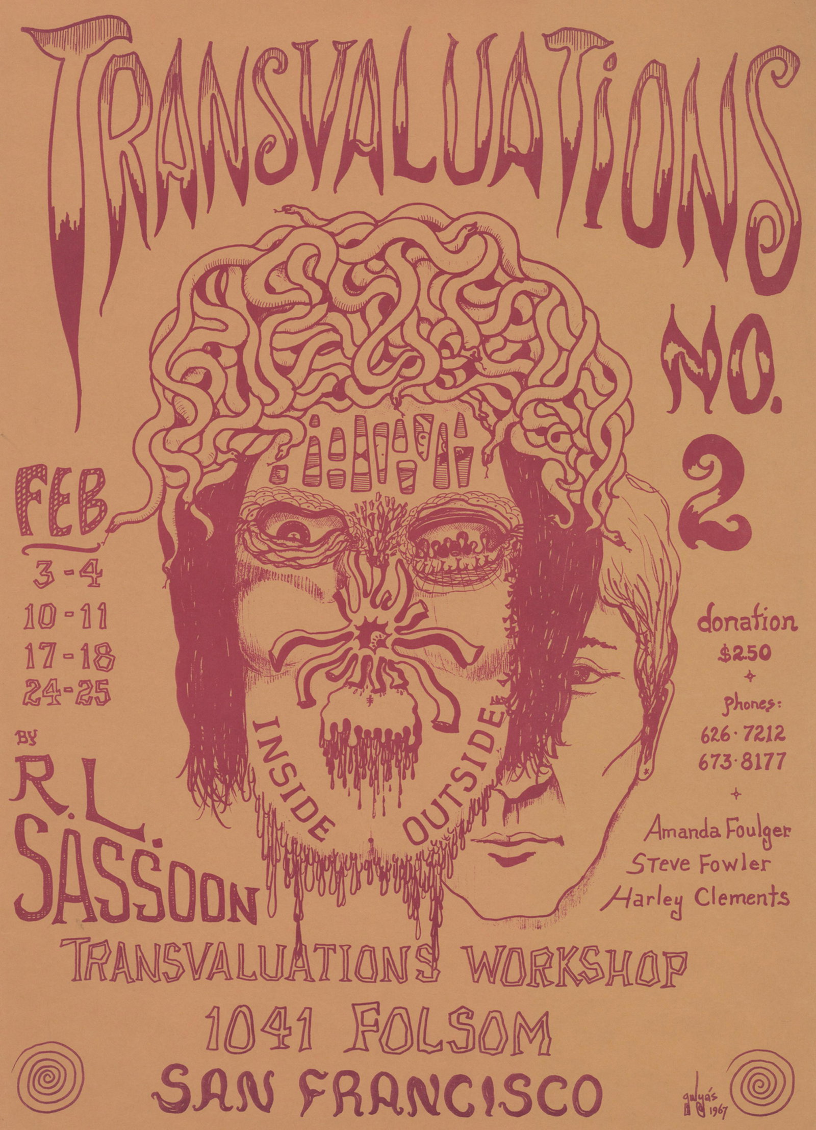 1967 Transvaluation Workshop No.2 Poster: 1967 Transvaluation Workshop No.2 poster. Amanda Foulger, Steve Fowler, Harley Clements by R.L. Sassoon. Artist: Gulyas. Measures 20 in. x 14.25 in. G-VG/VG condition with light creases mostly along r