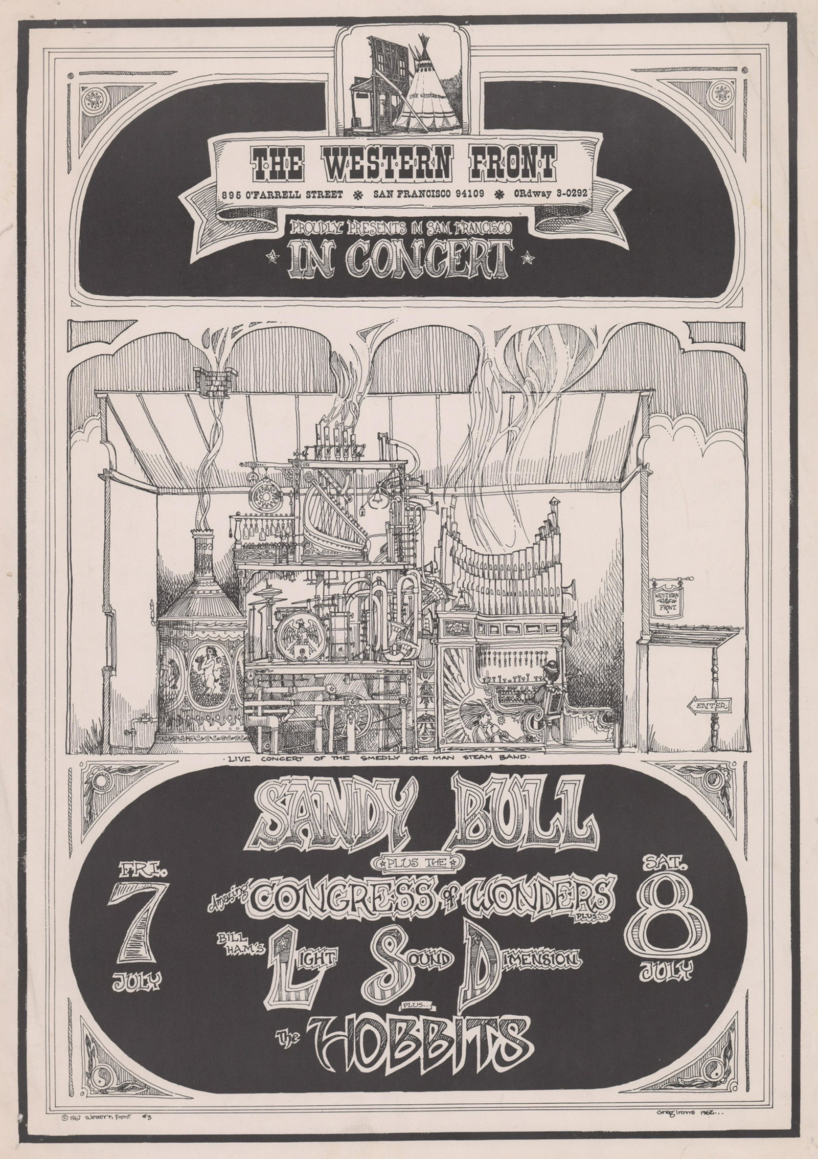 1967 Sandy Bull at the Western Front Rock Poster: Original 1967 Western Front rock poster No.3. Sandy Bull, Amazing Congress of Wonders and more. Artist: Greg Irons. Measures 20.25 in. x 14.25 in. Fair condition with tack holes at corners, creases an