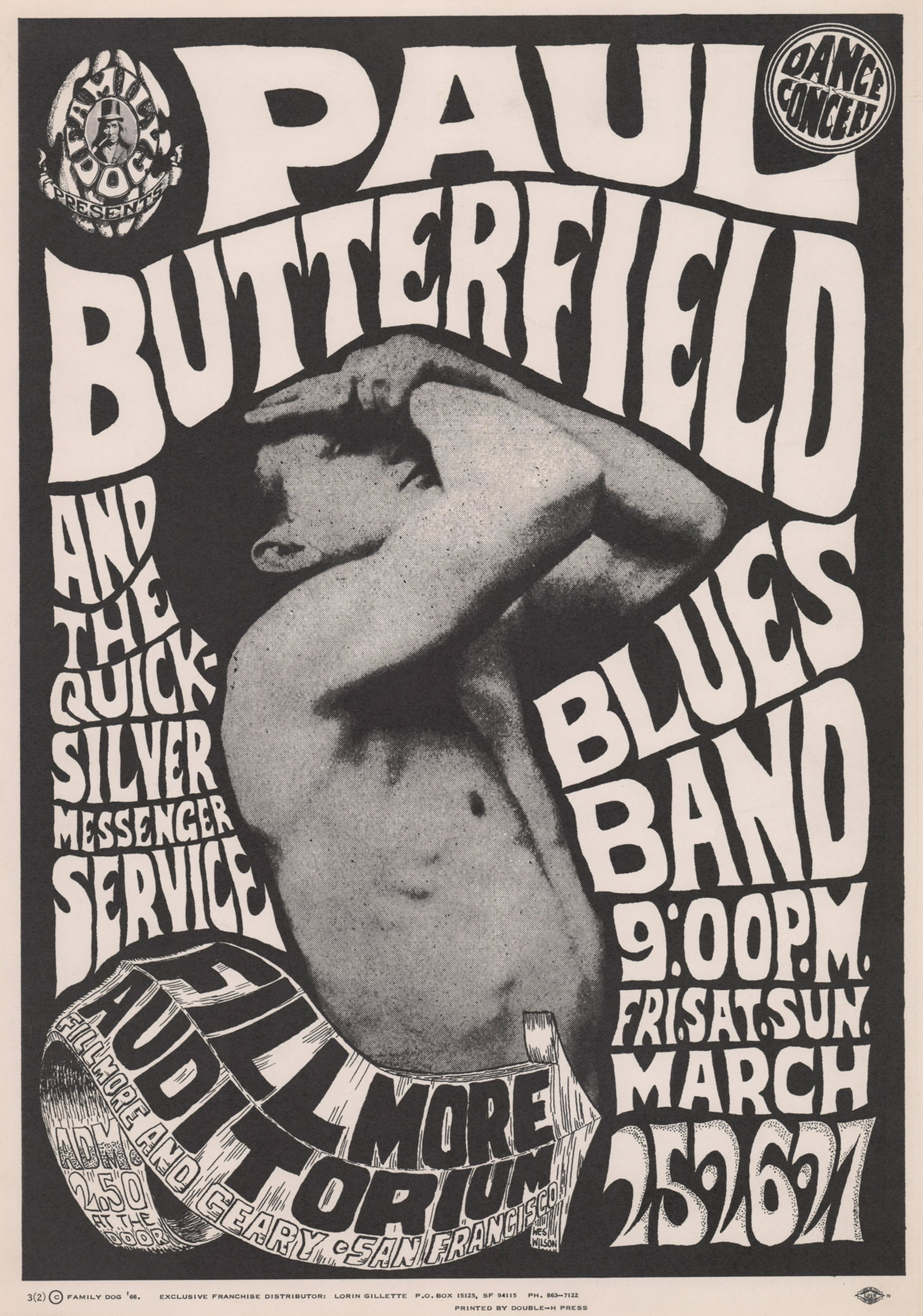 Paul Butterfield Fillmore Poster FD-3-RP-2: 1966 Family Dog Fillmore 'Butterfield Man' poster FD-3(2). Paul Butterfield Blues band, Quicksilver Messenger Service. Artists: Wes Wilson (photograph suggested by Chet Helms). Measures 20 in. x 14 in