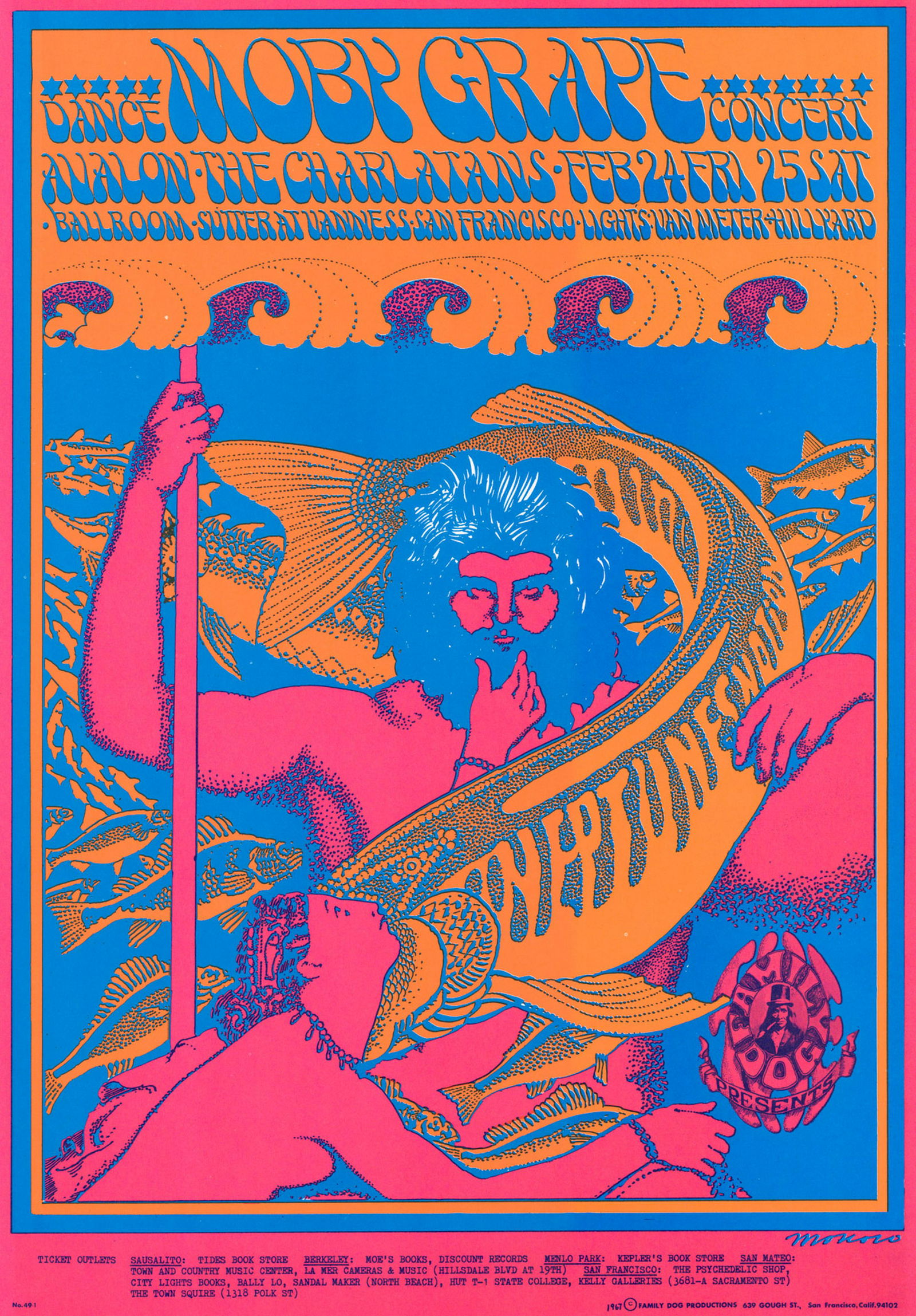 Family Dog Avalon Ballroom Poster FD-49-RP-2: Family Dog Avalon Ballroom 'Neptune's Notions' poster FD-49-RP-2. Moby Grape, Charlatans. Artist: Victor Moscoso. Measures 20 in. x 14 in. EX/Ex+ condition with slight bump top left edge. Unframed, lo