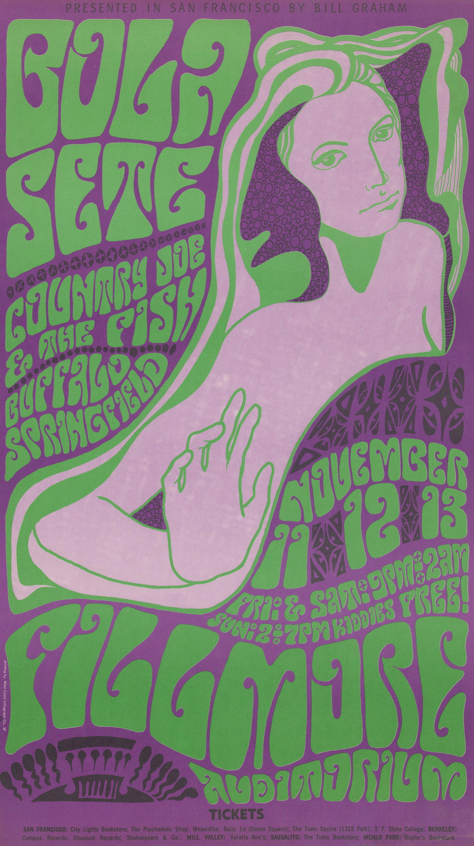 Bill Graham Fillmore Poster BG-36: Bill Graham Fillmore Auditorium poster BG-36. Bola Sete, Country Joe and the Fish. Artist: Wes Wilson. Measures 24.625 in. x 13.875 in. G/G-VG condition with slight rippling from water exposure along 
