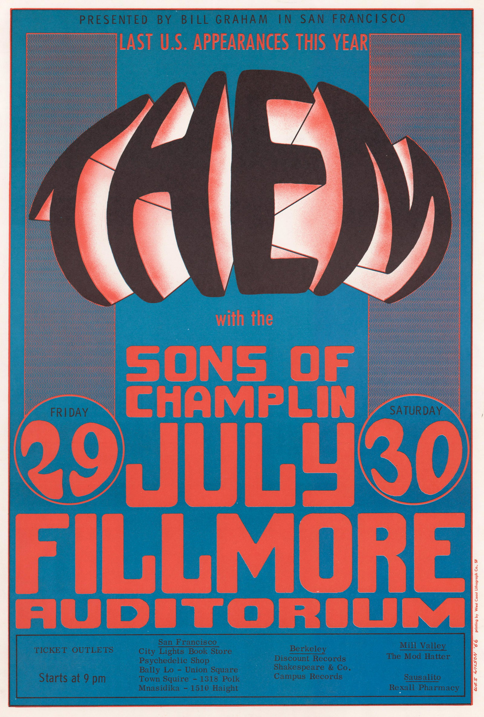 Bill Graham Fillmore Poster BG-20-RP-2: Bill Graham Fillmore poster BG-20. Them, Sons of Champlin. Artist: Wes Wilson. Measures 20.3125 in. x 13.8125 in. VG-EX/EX with tack holes at corners. Unframed, loose and not glued or mounted. If lot 