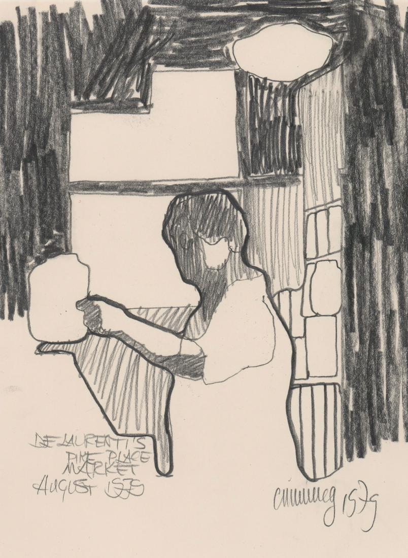 William Cumming Original Drawing: William Cumming mixed media original drawing on paper. Grease pen or charcoal and pencil titled "De Laurenti's Pike Place Market August 1979" lower left. Signed and dated "Cumming 1979" lower right. M