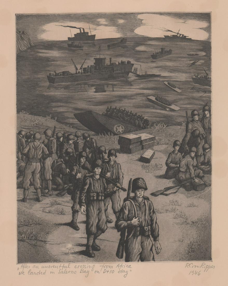 Rudolph Von Ripper (1905-1960) Etching: Rudolph Von Ripper (1905 - 1960) signed etching. Signed and dated in pencil "R Von Ripper, 1946" lower right.. Measures 10 in. x 7.75 in. plate size and 16.25 in. x 13 in. sheet size. Unknown spots in
