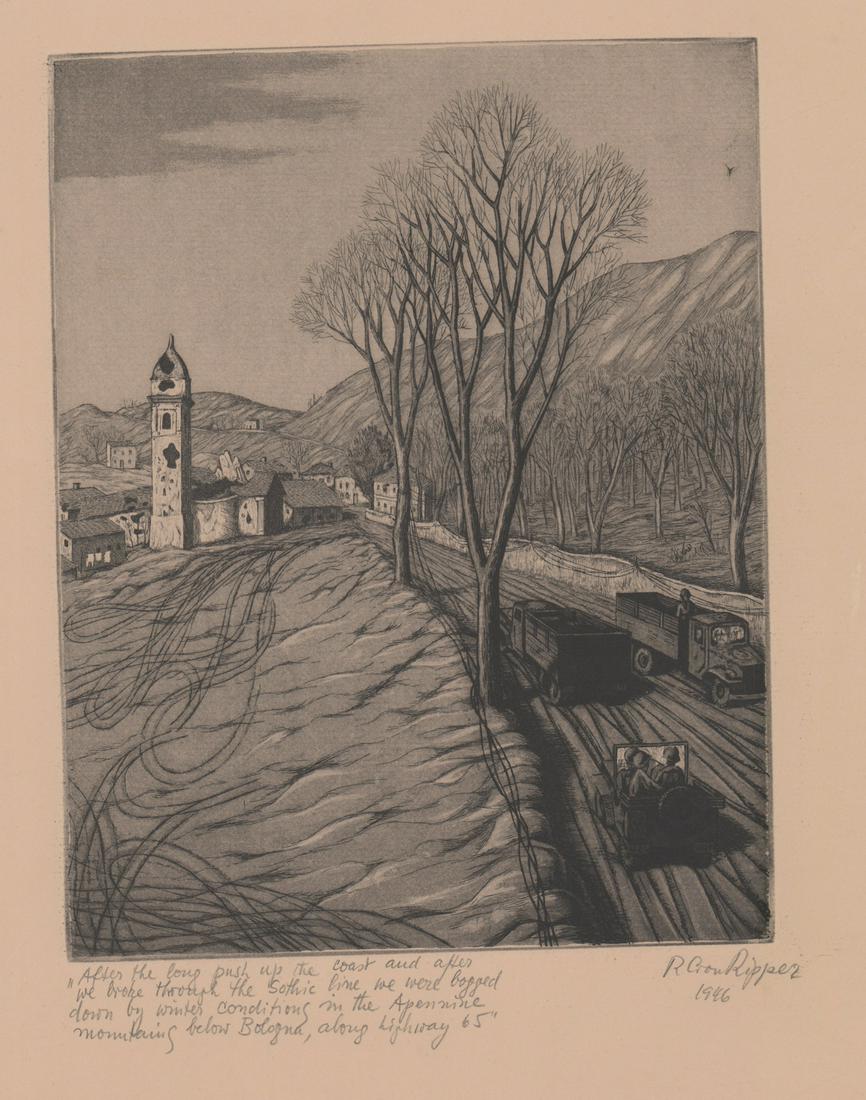 Rudolph Von Ripper (1905-1960) Etching: Rudolph Von Ripper (1905 - 1960) signed etching. Signed and dated in pencil "R Von Ripper, 1946" lower right.. Measures 10 in. x 7.75 in. plate size and 16.25 in. x 13 in. sheet size. Good/Very good c