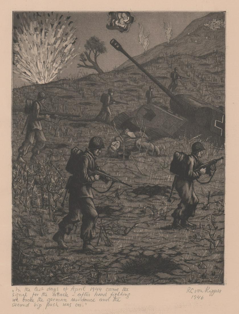 Rudolph Von Ripper (1905-1960) Etching: Rudolph Von Ripper (1905 - 1960) signed etching. Signed and dated in pencil "R Von Ripper, 1946" lower right.. Measures 10 in. x 7.75 in. plate size and 16.25 in. x 13 in. sheet size. Light creases, o