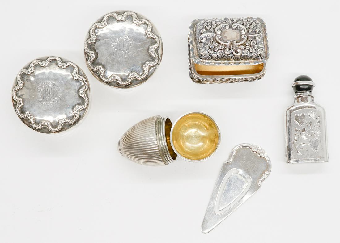 Group of Small Sterling Articles: A group of small sterling articles to include two Kirk Pager Birmingham sterling pill boxes, sterling scent flask-shaped, sterling box marked D and F, sterling English egg-shaped nutmeg and sterling b