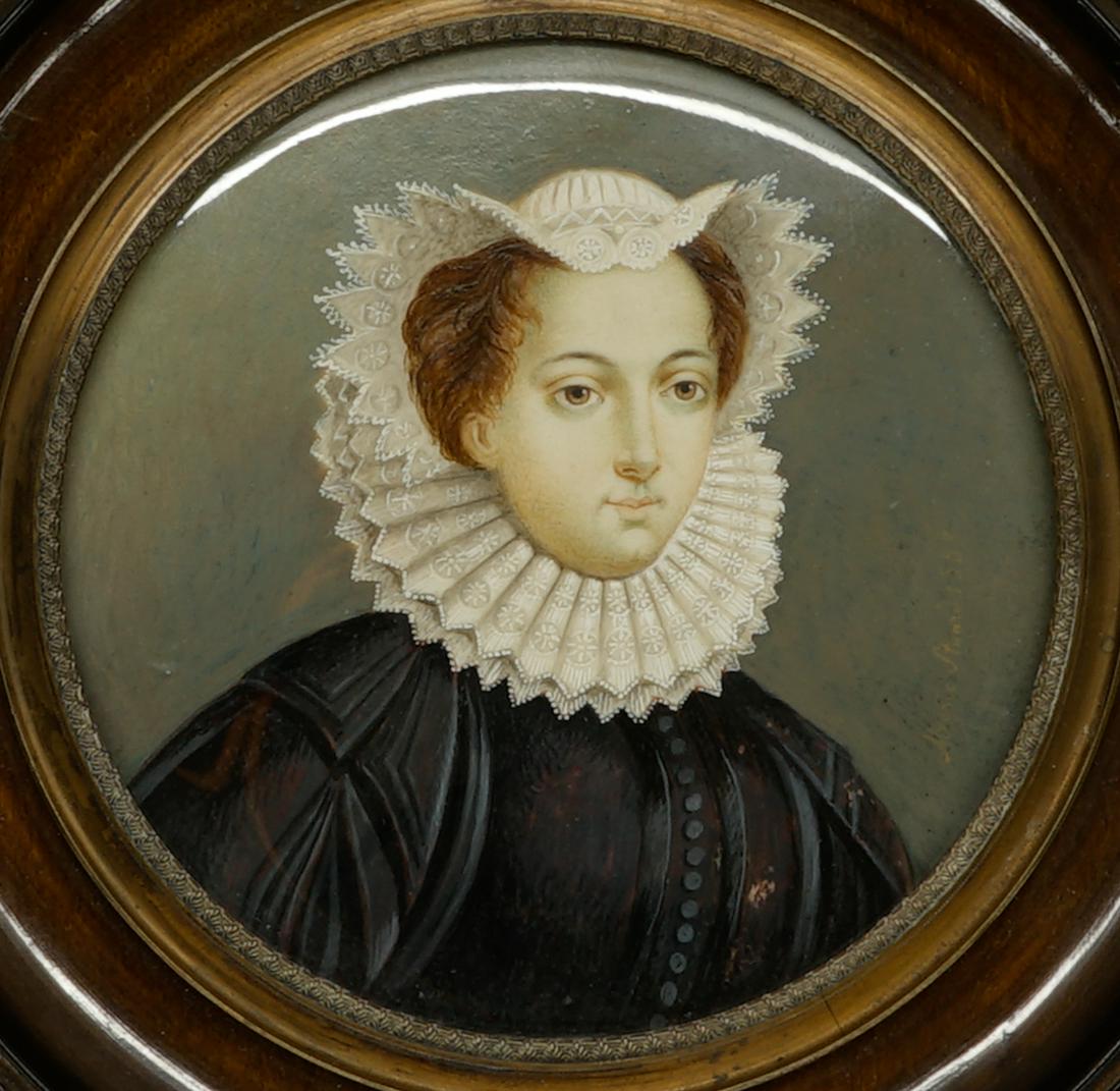 Mary, Queen of Scots Original Painting Dated 1553: Mary, Queen of Scots small original round oil painting. Measures 4 inches diameter image size and 7 in. x 6.75 in. framed. Titled and dated "Marie Stuart 1553" right center edge vertically. Appears to