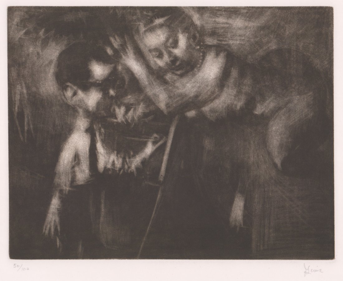 Jack Levine Mezzotint: Jack Levine signed and numbered Mezzotint . Signed in pencil lower right and numbered "50/100" in pencil lower left. VG-EX/EX with light mat burn in margins of sheet. Unframed, loose and not glued or