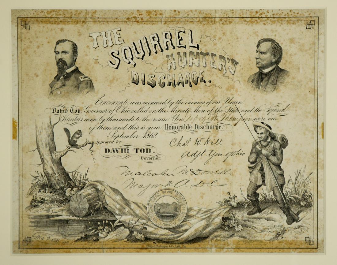 Ohio Squirrel Hunters Discharge 1862: Ohio Squirrel Hunters Discharge framed document dated September 1862. Measures 8.25 in. x 10.25 in sight size and 17.5 in. x 21.5 in. framed. Professionally framed. fair condition with damage. Not ins