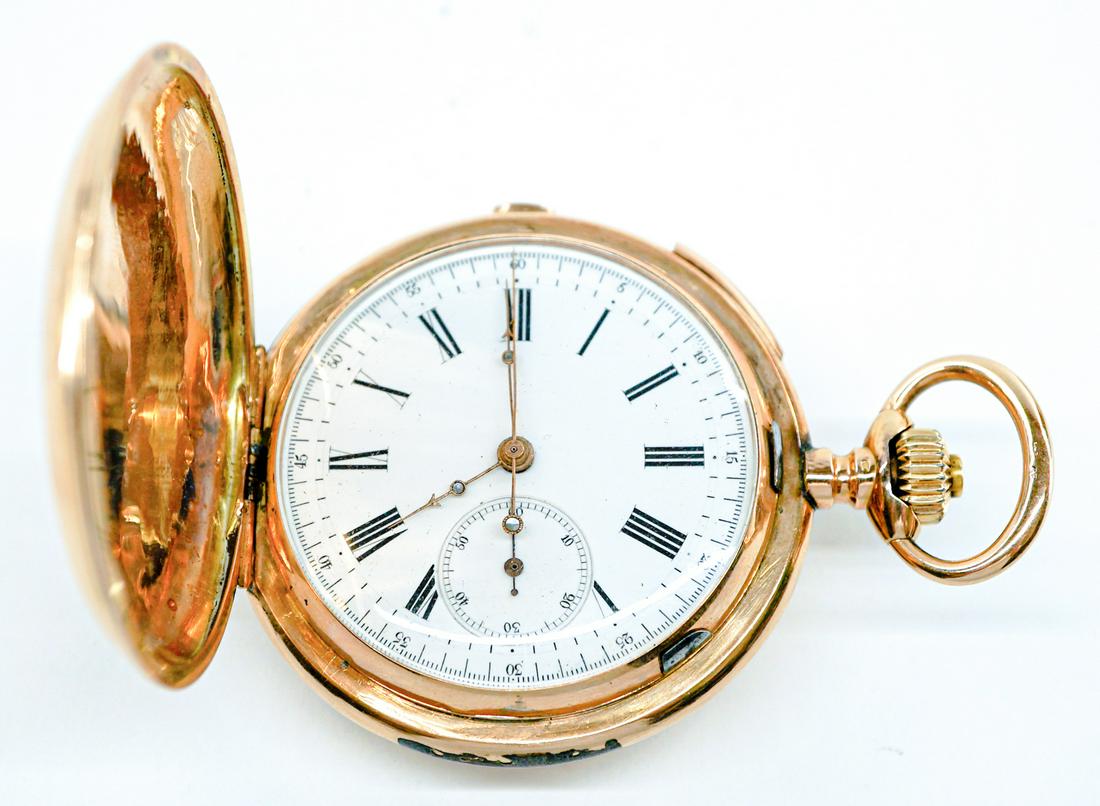 14K Fine Swiss 32 Rubis Gold Pocket Watch: Fine Swiss 14k Chronograph 32 Rubis gold repeater pocket watch. Marked Ancre Ligne droite, Spiral Breguet. Dial measures 45 mm, total size is 2.25 in. diameter. Stamped '0.585'. This watch is not in w